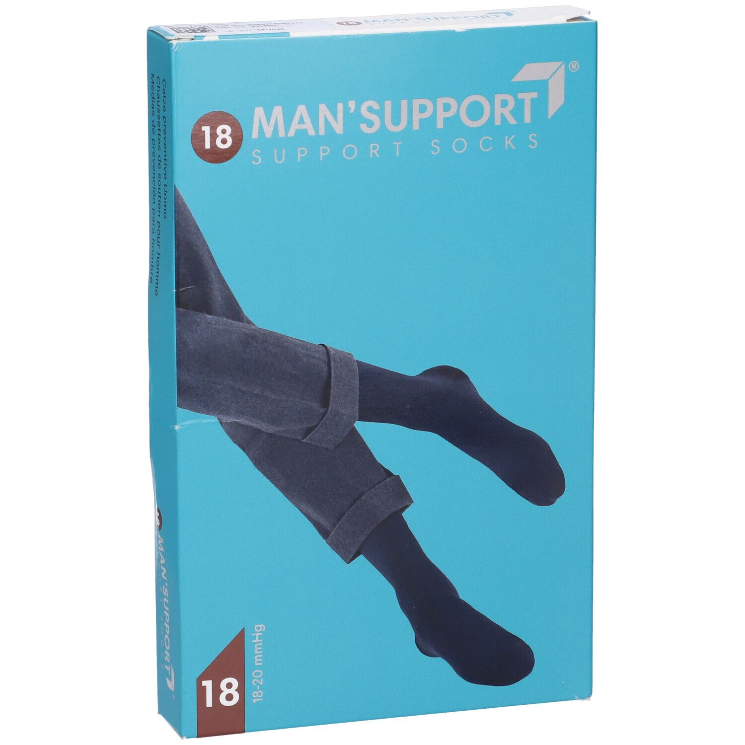 Confezione di calze Man Support 18 blu. Scritte: Man's Support, 18, 18-20 mmHg.