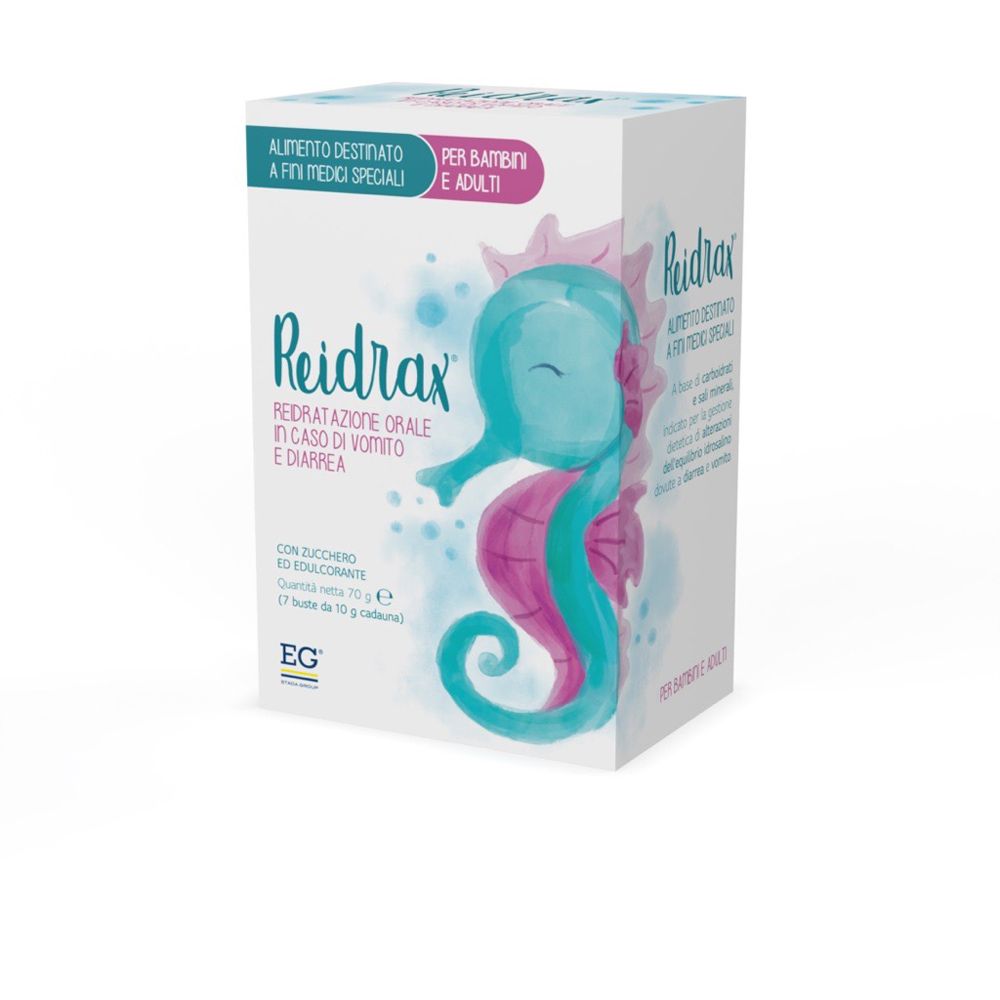 Confezione di EG® Reidrax. Scatola con nome del prodotto, illustrazione di cavalluccio marino e testo per bambini e adulti.