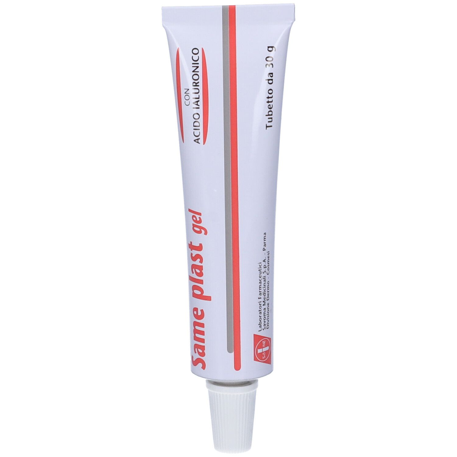 Tubo bianco con linea rossa e scritta "Same plast gel". Testo: "Con acido ialuronico".