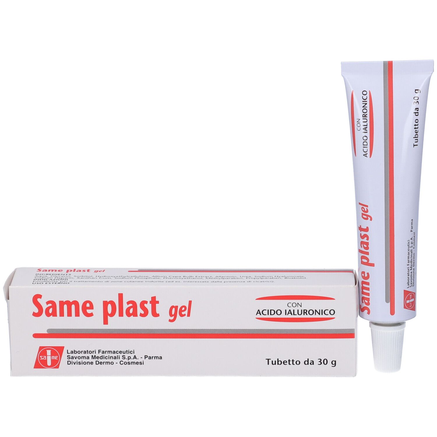 Confezione e tubo di gel Same plast. Scatola e tubo bianchi con scritte rosse. Tubo accanto.