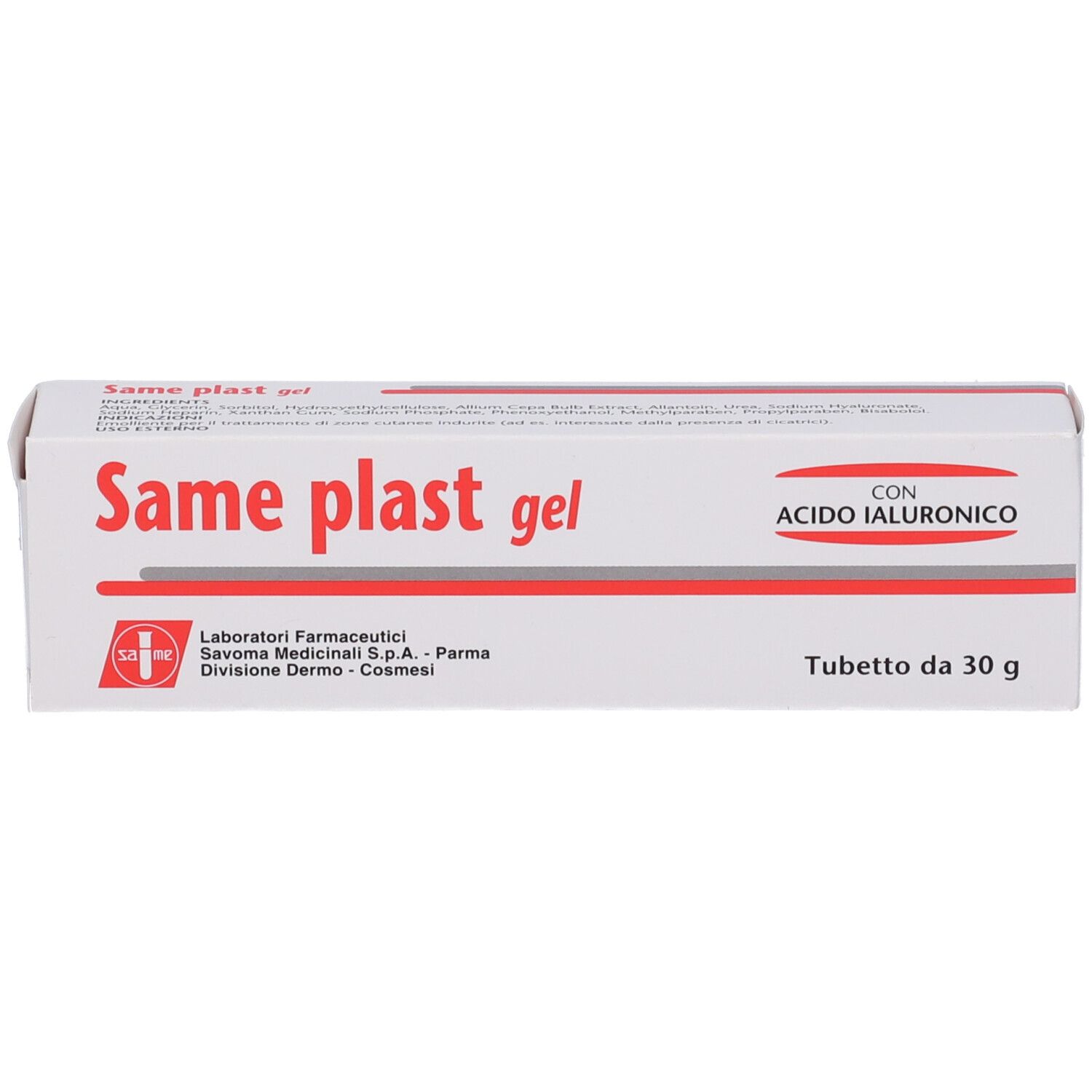 Scatola bianca con linea rossa e scritta "Same plast gel". Testo: "Con acido ialuronico".