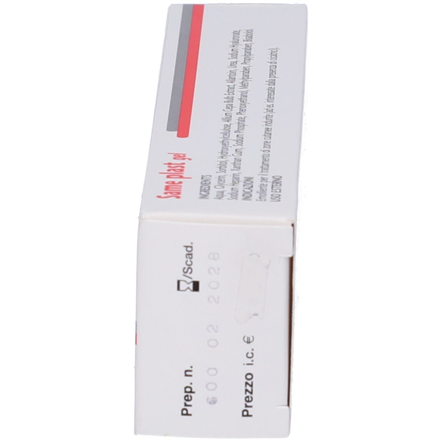 Scatola bianca con linea rossa e scritta "Same plast gel". Testo: "Tubetto da 30 g".