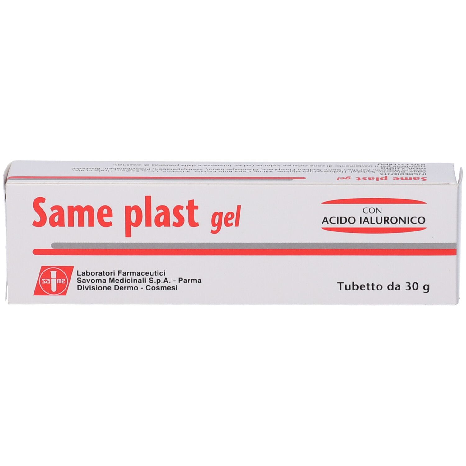 Scatola bianca con linea rossa e scritta "Same plast gel". Testo: "Con acido ialuronico".