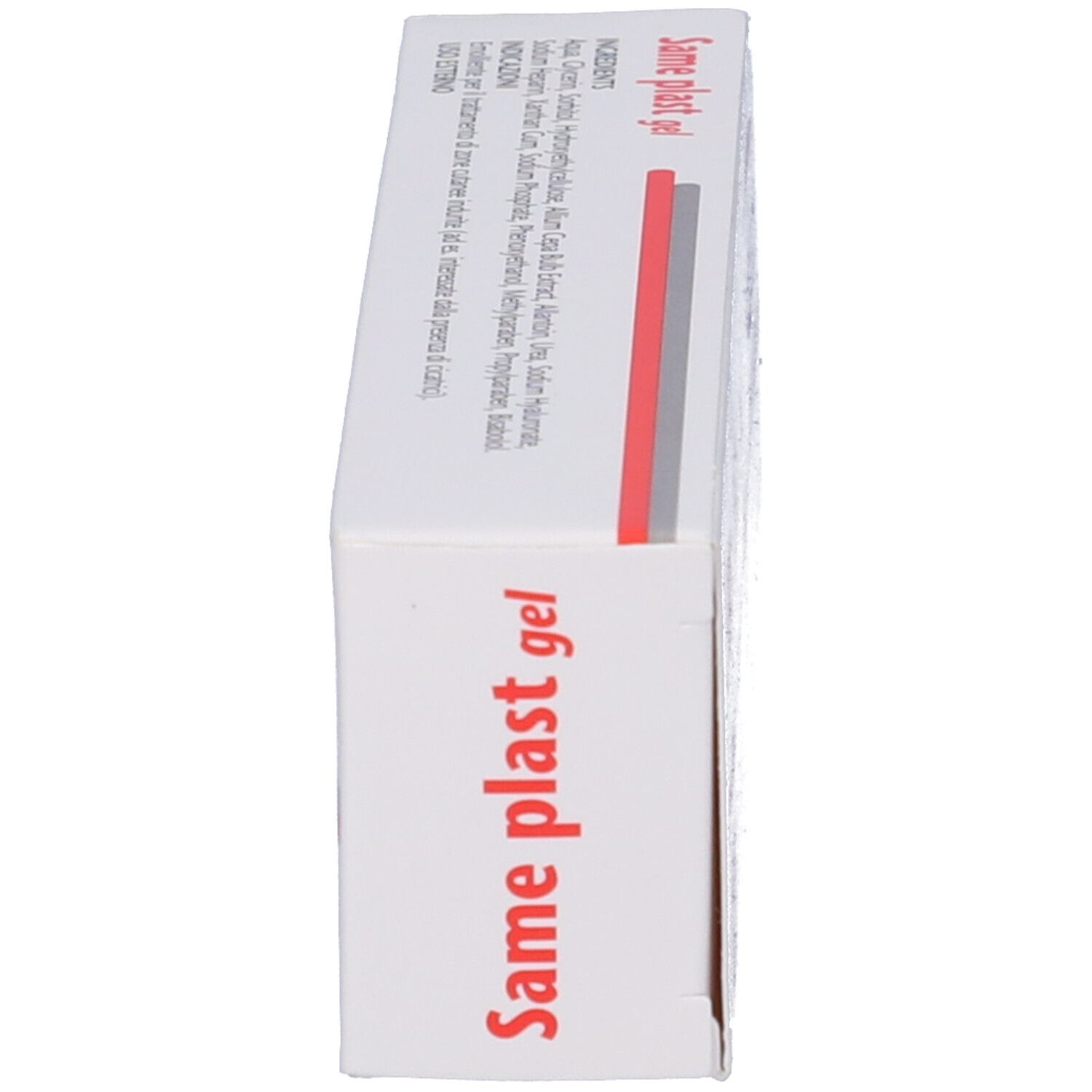 Scatola bianca con linea rossa e scritta "Same plast gel". Testo: "Tubetto da 30 g".