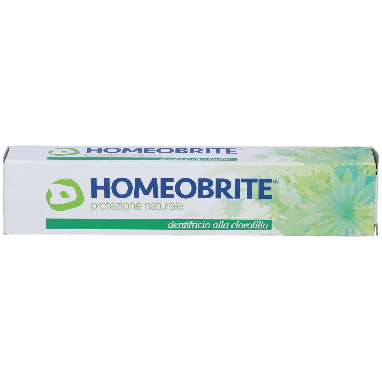 Scatola bianca con logo e testo HOMEOBRITE. Visibile anche 'dentifricio alla clorofilla'.