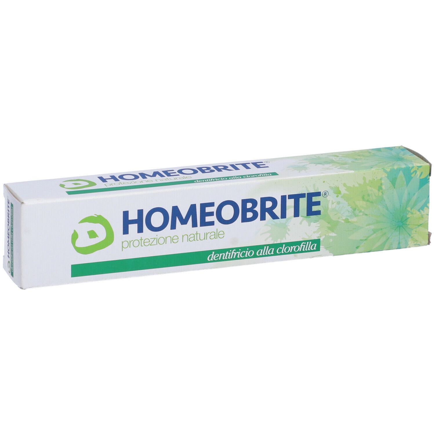 Scatola bianca con logo e testo HOMEOBRITE. Visibile anche 'dentifricio alla clorofilla'.
