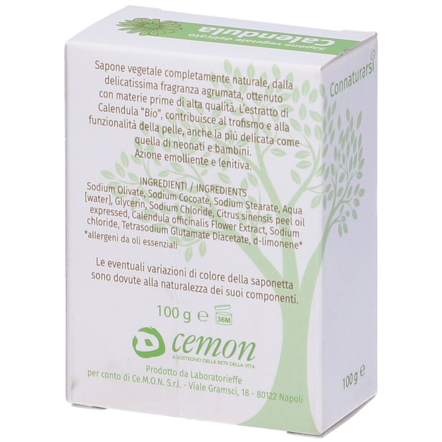 Scatola bianca con testo e ingredienti. Marchio: Connaturarsi. Scritta: "Calendula". In basso: logo Cemon. 100 g.