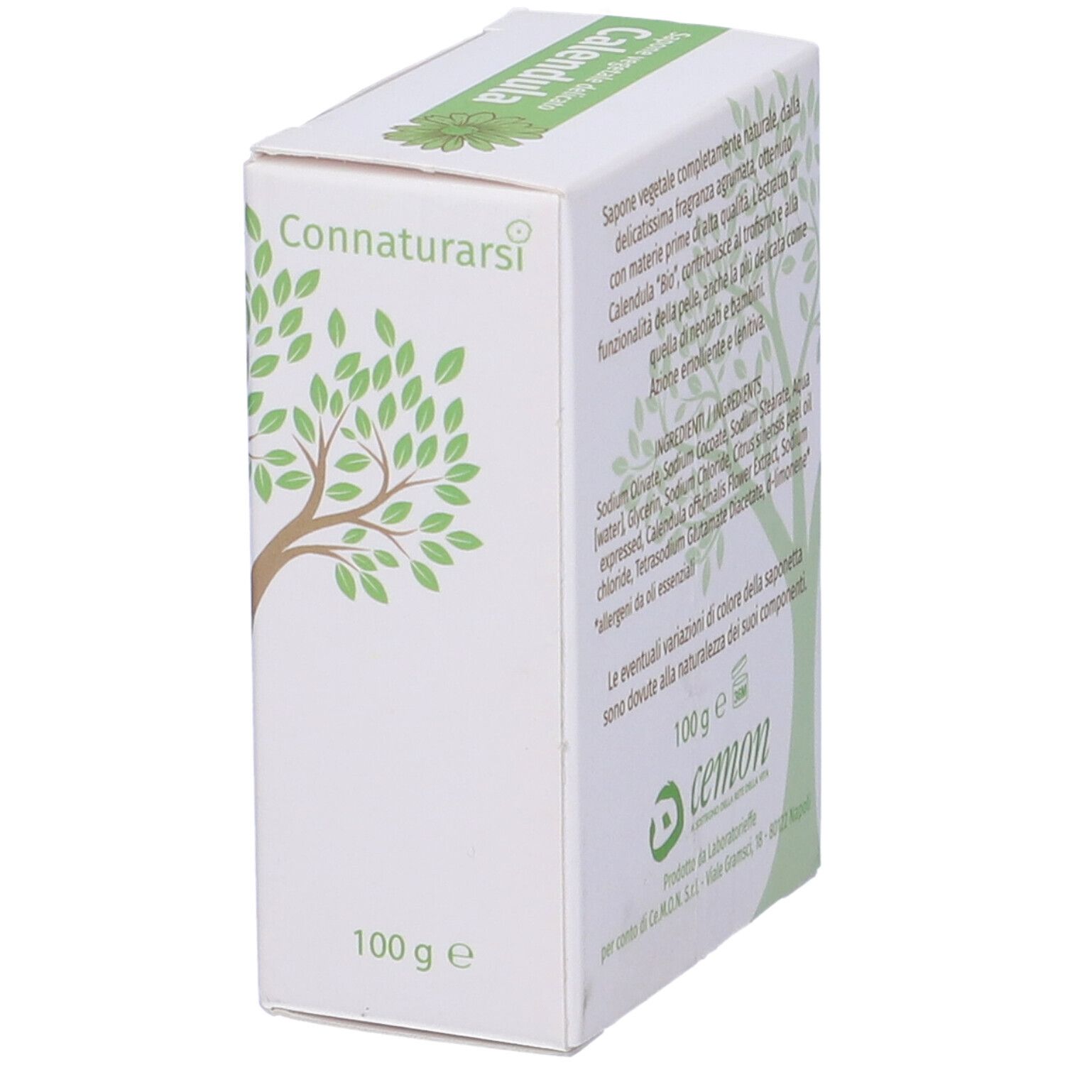 Scatola bianca con testo. Marchio: Connaturarsi. Scritta: "Calendula". In basso: 100 g. Logo Cemon.