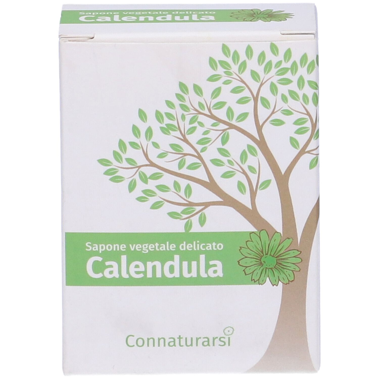 Scatola bianca con disegno di albero verde e testo. "Calendula" in verde. Marchio: Connaturarsi. Scritta: "Sapone vegetale delicato".
