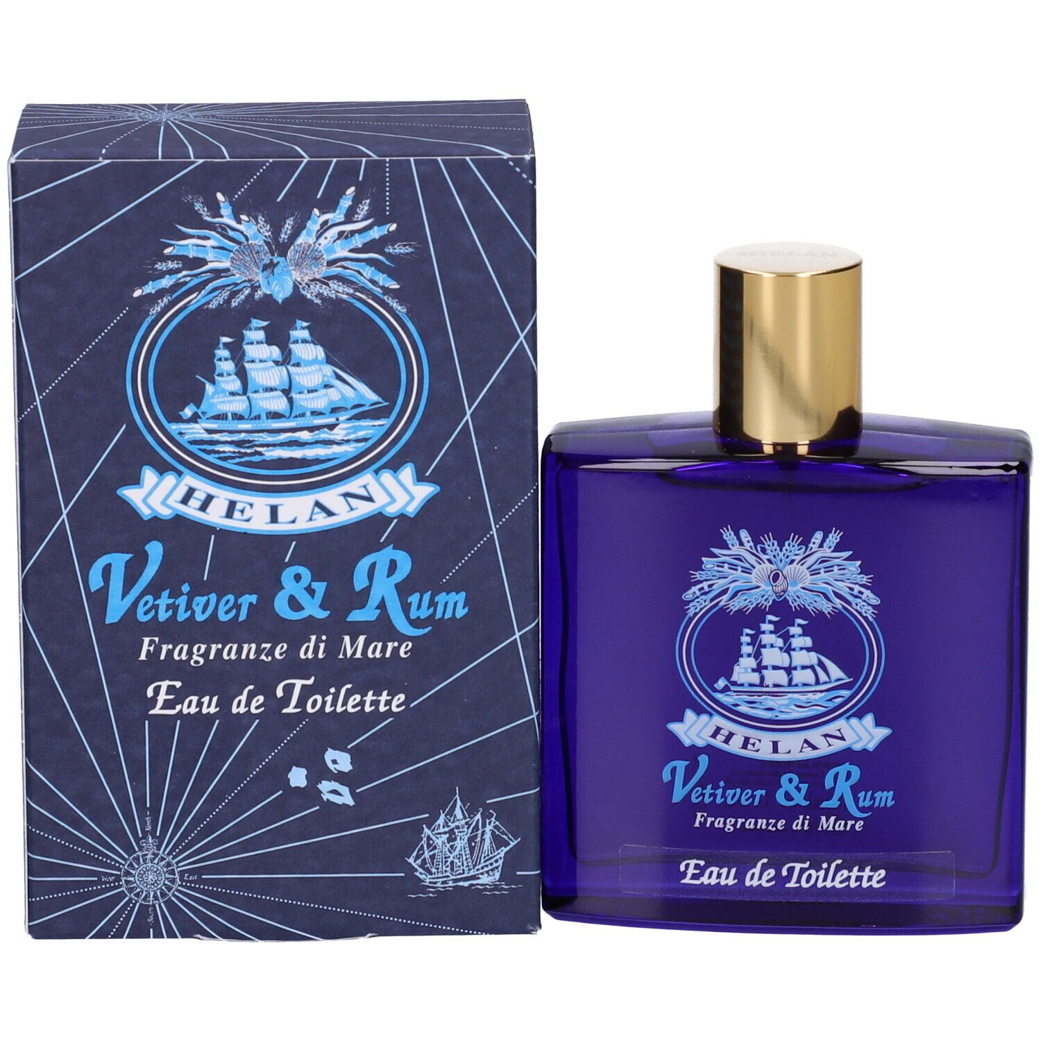 Flacone e scatola di Eau de Toilette. Scritta: Helan Vetiver & Rum, Eau de Toilette. Scatola con disegno di nave.
