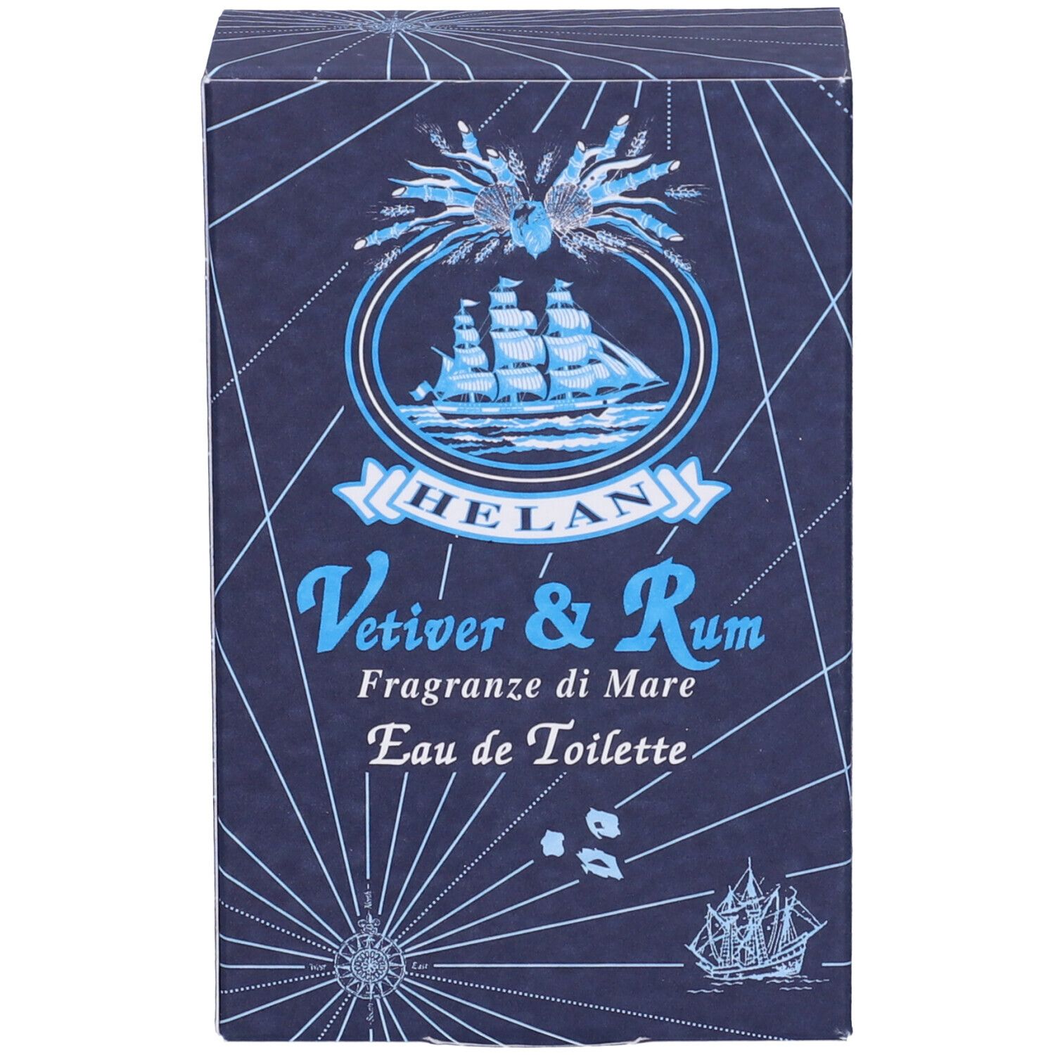 Scatola con disegno di nave. Scritta: Helan Vetiver & Rum, Eau de Toilette. Blu con accenti bianchi.