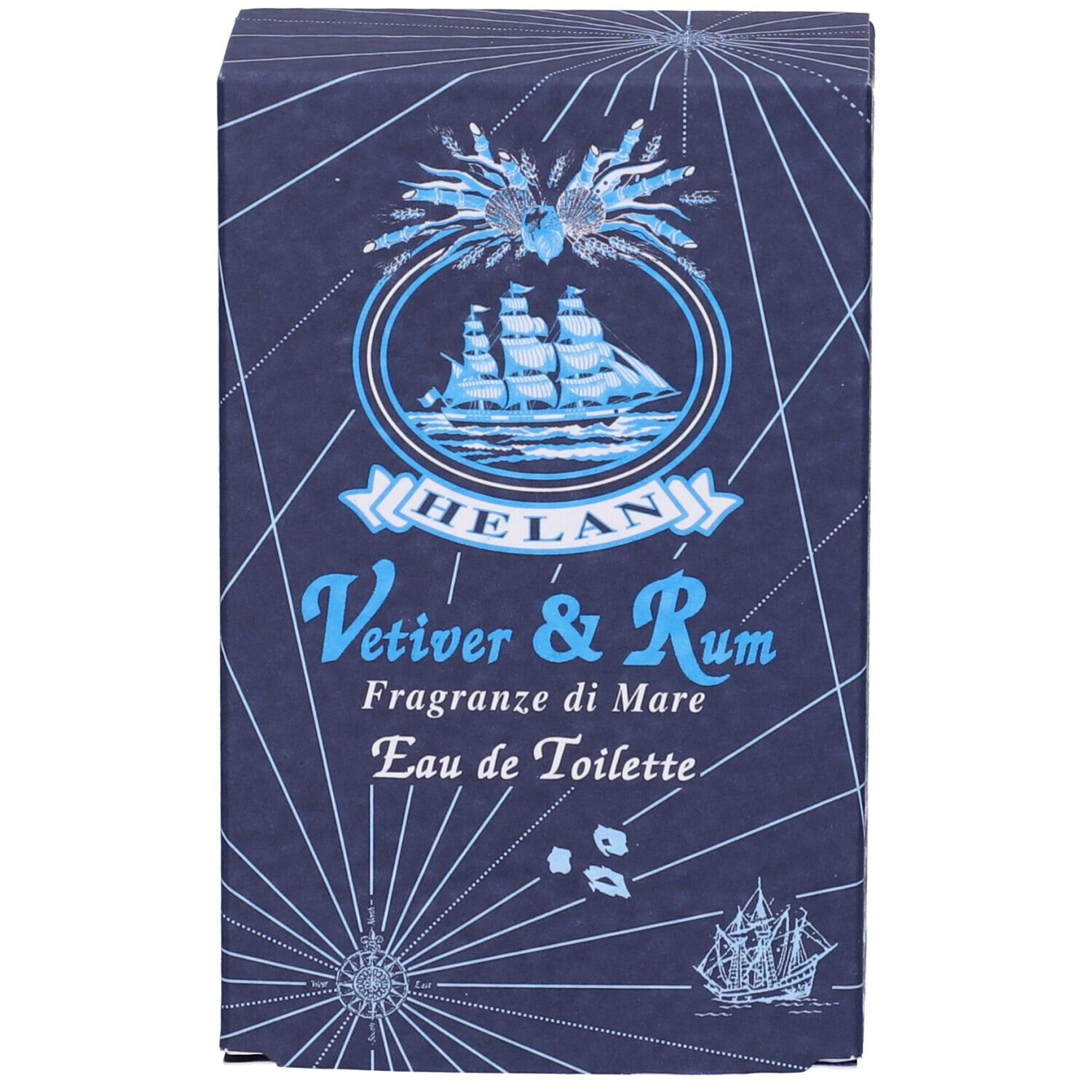 Scatola con disegno di nave. Scritta: Helan Vetiver & Rum, Eau de Toilette. Blu con accenti bianchi.