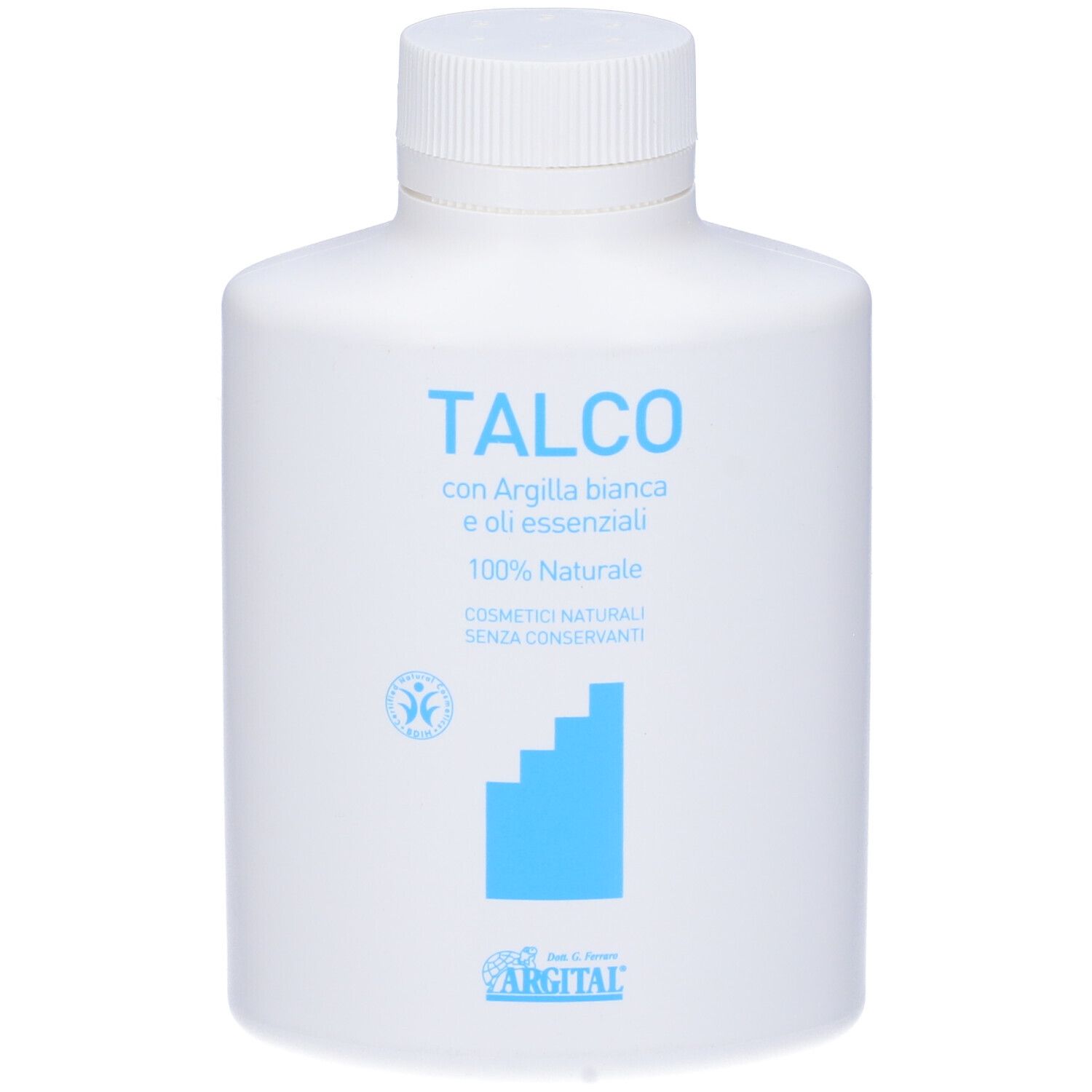 Flacone bianco con etichetta blu. Scritta: TALCO, con Argilla bianca e oli essenziali. 100% Naturale. Logo Argital.