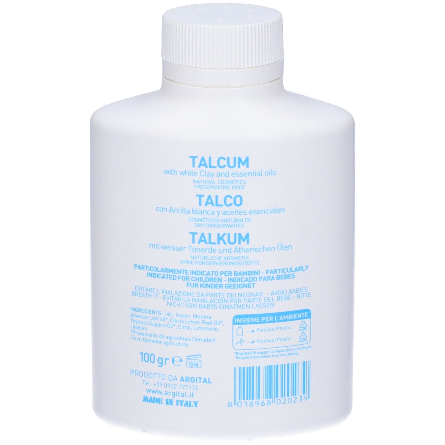Retro di un flacone bianco. Scritta: TALCUM, con argilla bianca e oli essenziali. 100 gr. Logo Argital.