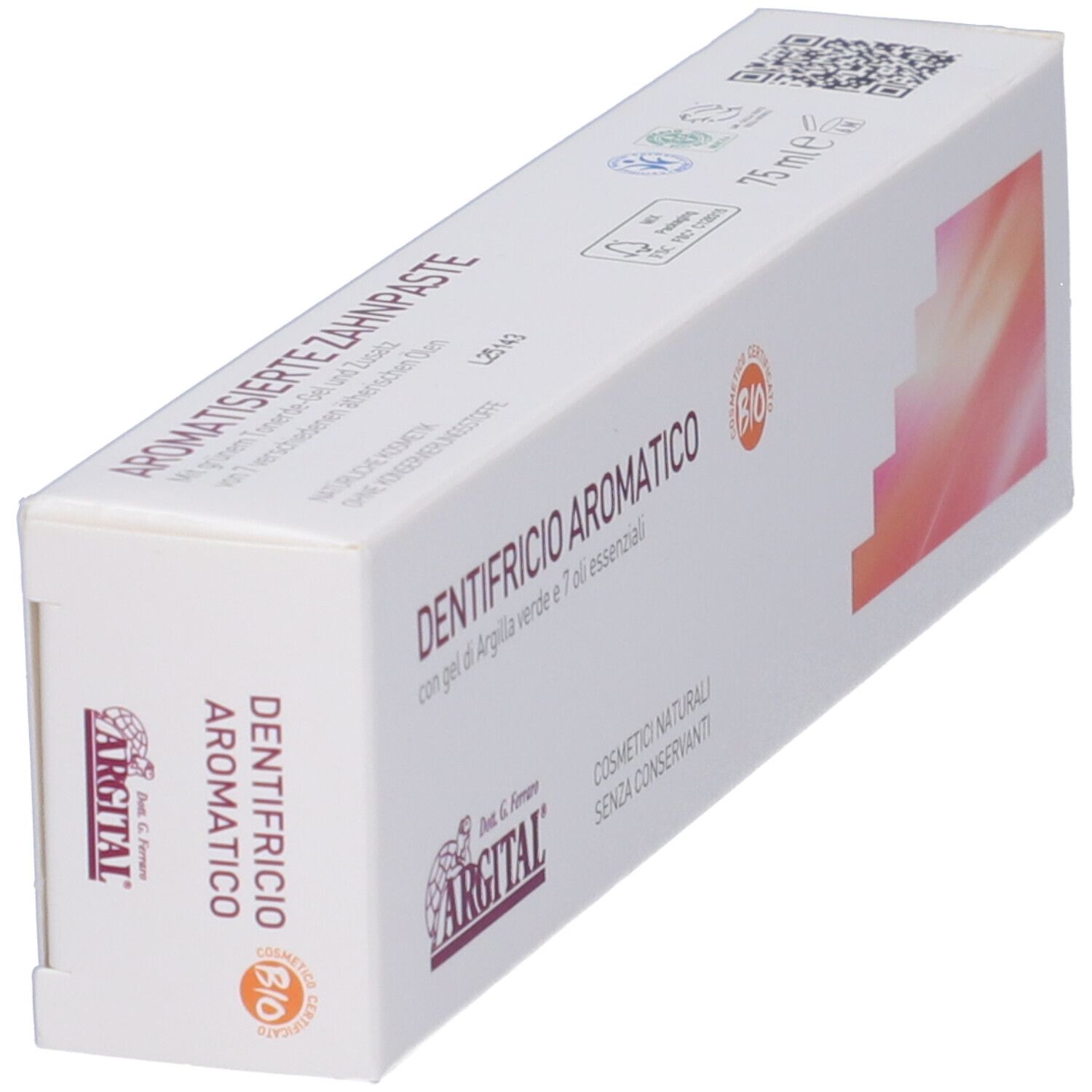 Scatola di dentifricio inclinata con nome prodotto e marchio Bio. Logo Argital e testo.