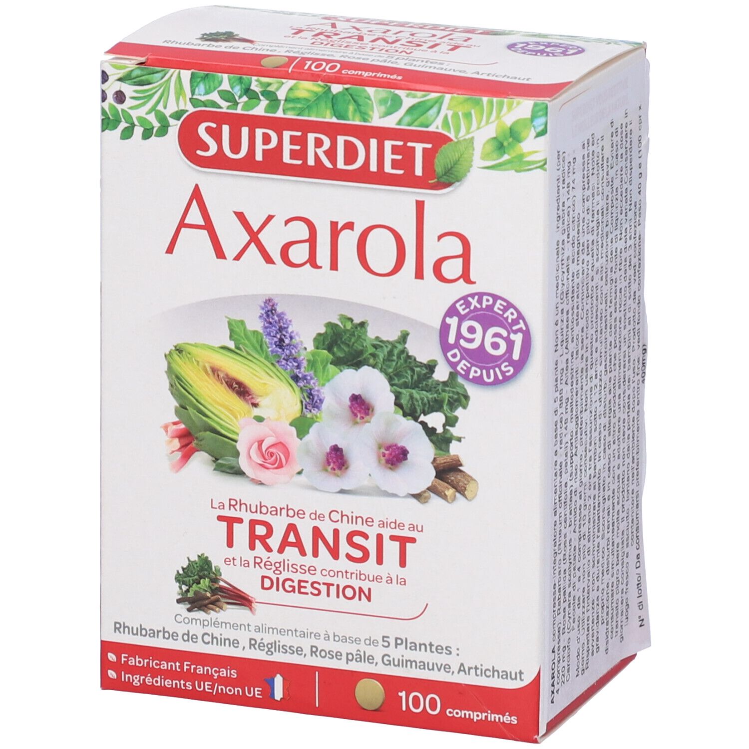 Confezione Axarola. Scatola bianca con nome del prodotto, illustrazioni floreali e 100 compresse.