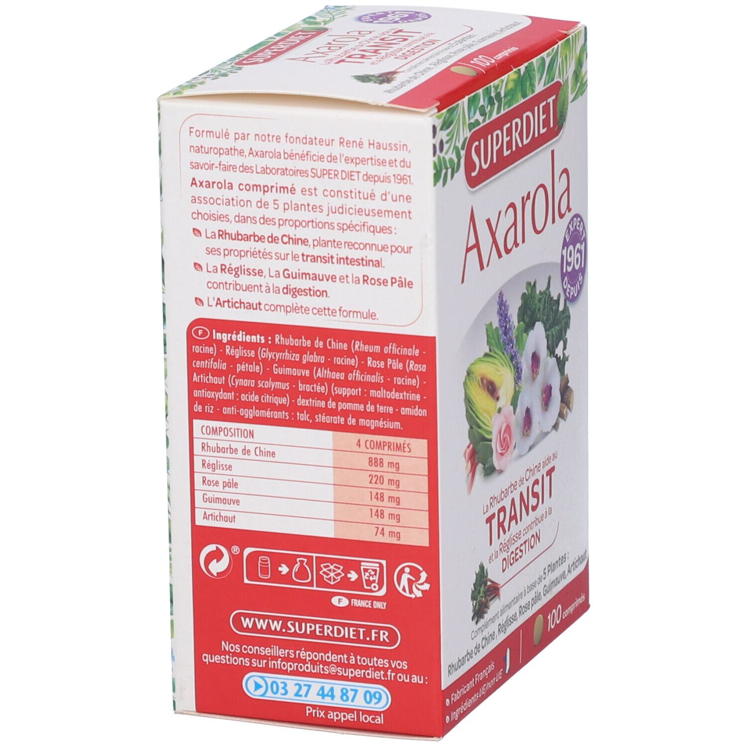 Confezione Axarola. Retro della scatola con testo ed elenco degli ingredienti. 100 compresse.