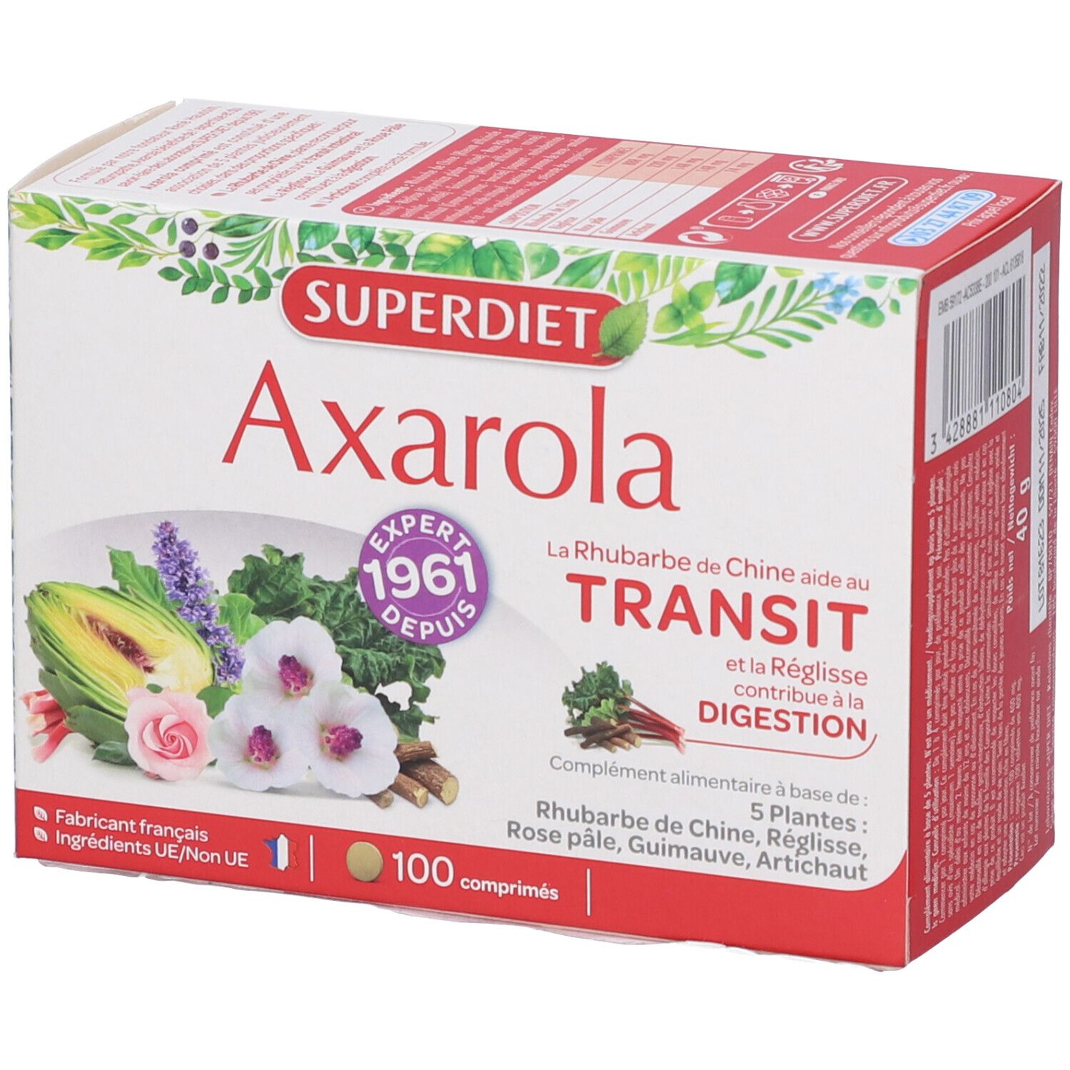 Confezione Axarola. Scatola bianca con nome del prodotto, illustrazioni floreali e 100 compresse.