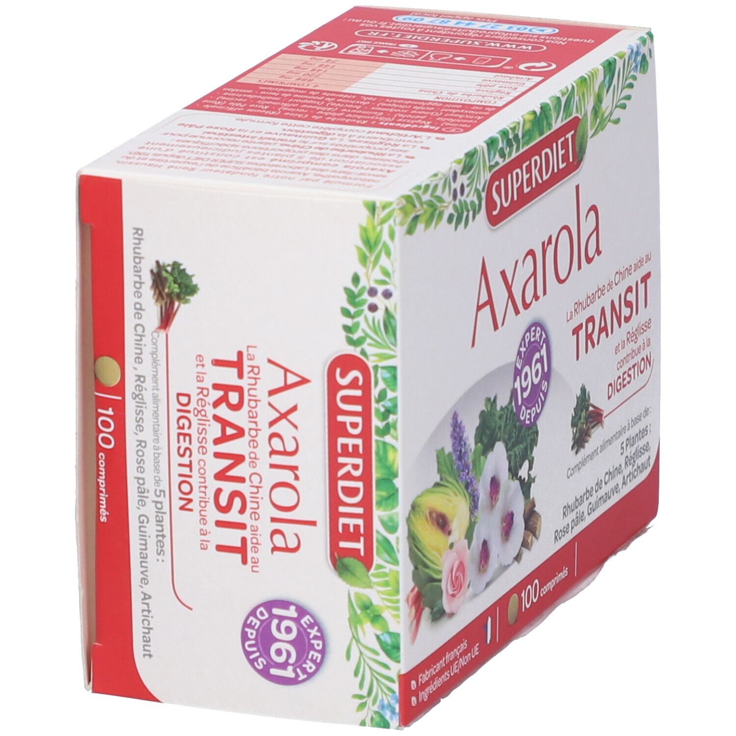 Confezione Axarola. Scatola bianca con nome del prodotto, illustrazioni floreali e 100 compresse.