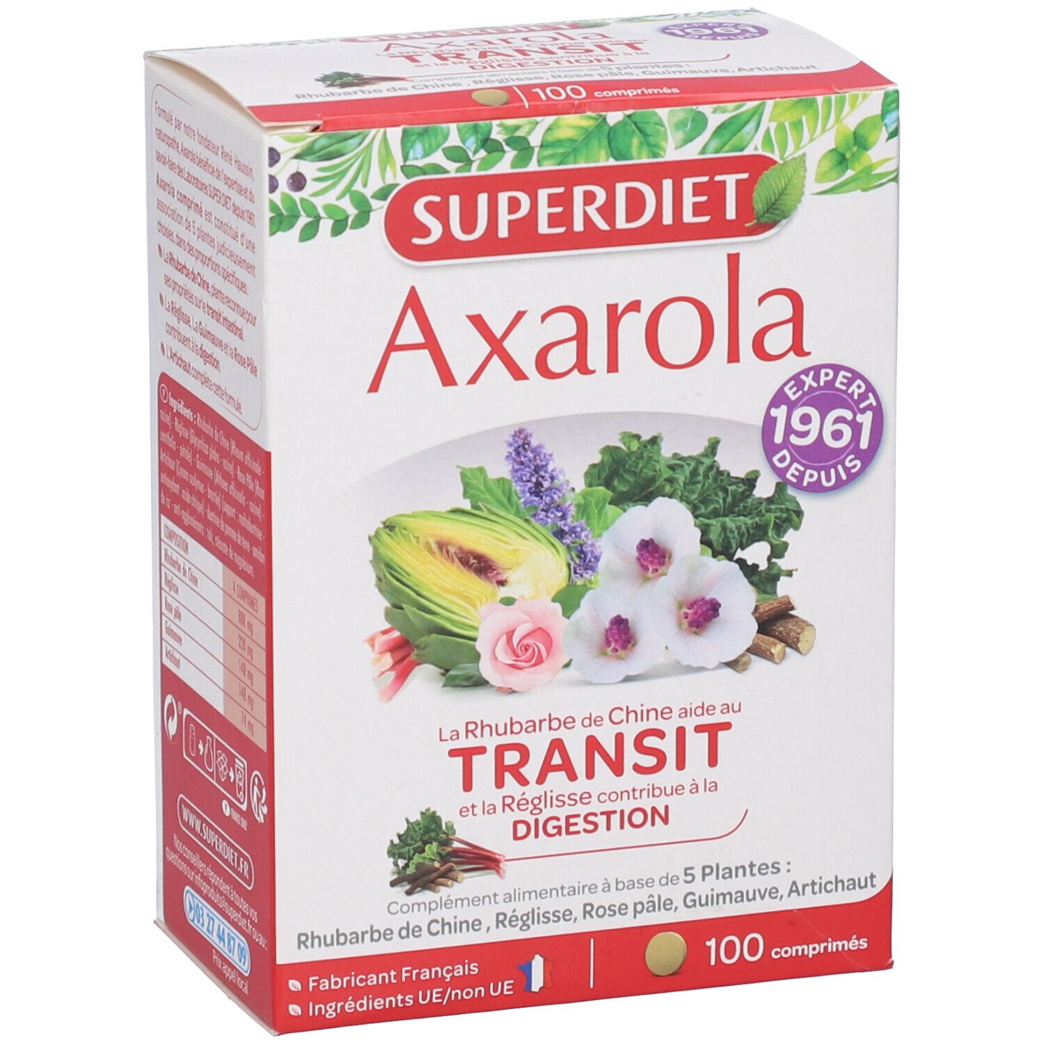 Confezione Axarola. Scatola bianca con nome del prodotto, illustrazioni floreali e 100 compresse.