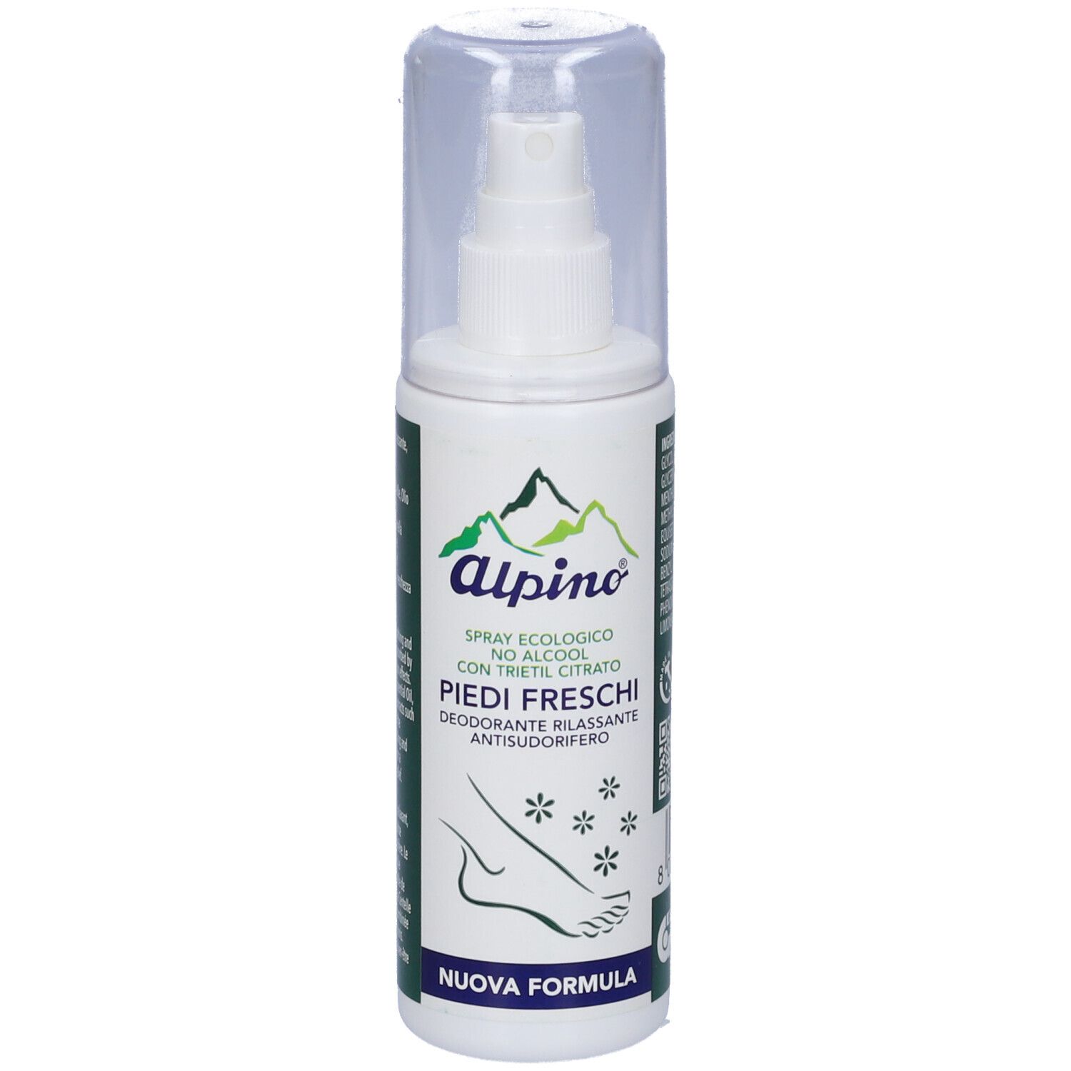 Spray bianco con tappo trasparente. Scritta: Alpino, Piedi Freschi, con citrato di trietile. Nuova formula.