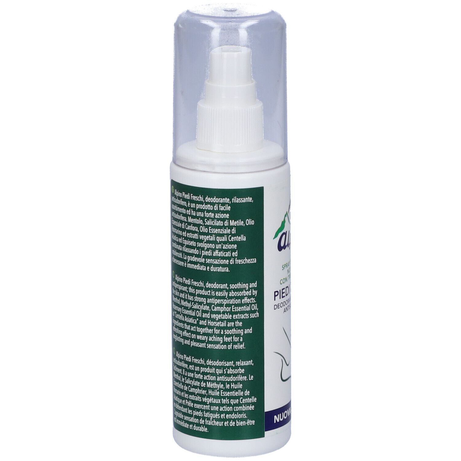 Spray bianco con tappo trasparente. Testo sul retro: ingredienti, descrizione. Nuova formula.