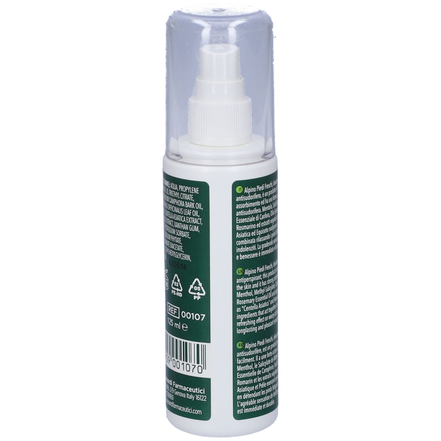 Spray bianco con tappo trasparente. Testo sul retro: ingredienti, descrizione, simboli di riciclaggio.