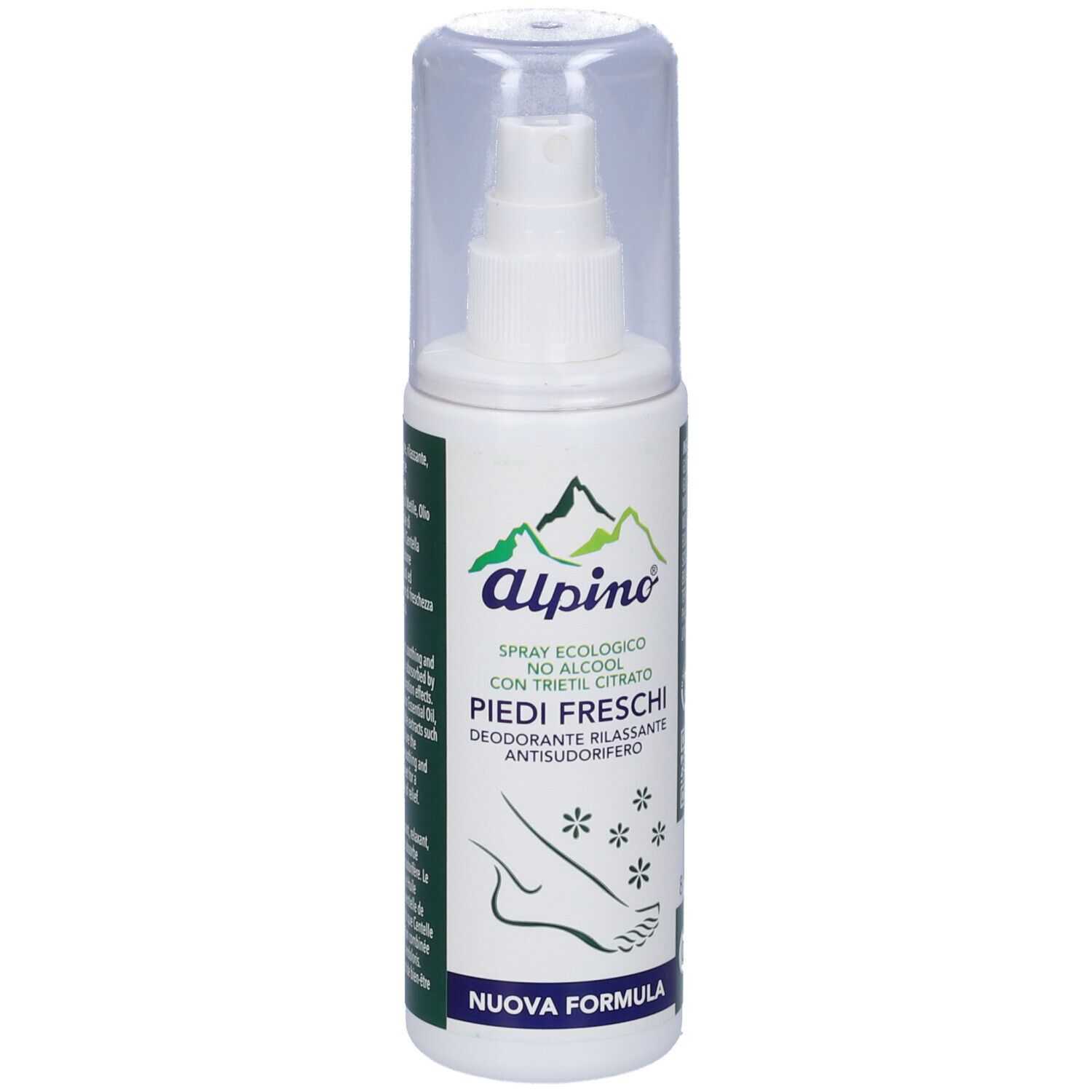 Spray bianco con tappo trasparente. Scritta: Alpino, Piedi Freschi, con citrato di trietile. Nuova formula.