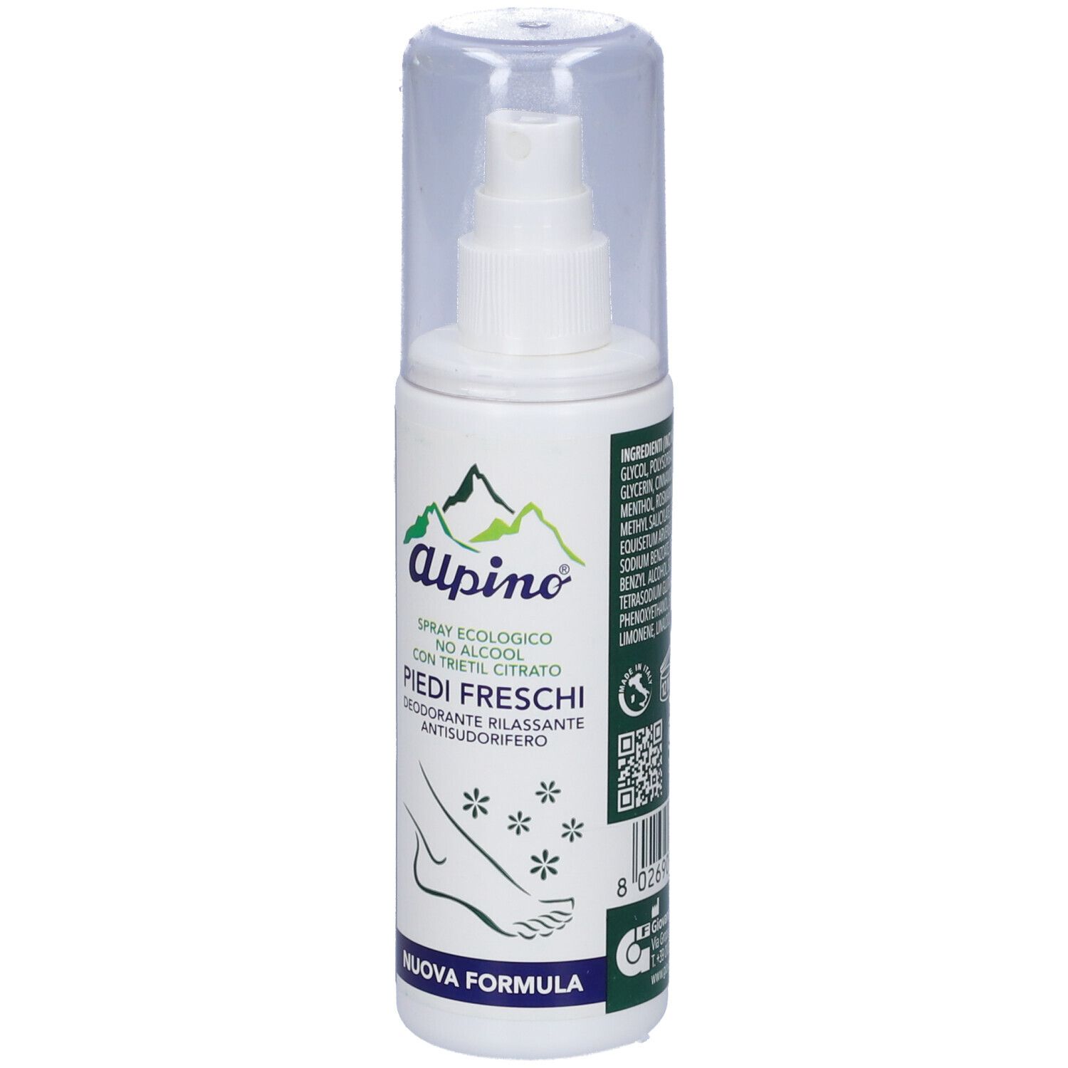 Spray bianco con tappo trasparente. Scritta: Alpino, Piedi Freschi, con citrato di trietile. Codice QR.