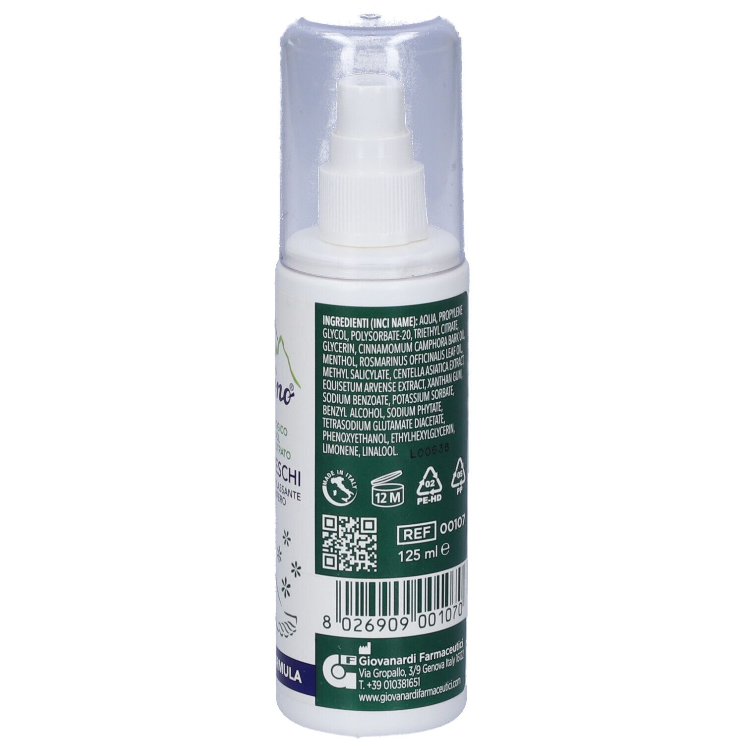 Spray bianco con tappo trasparente. Testo sul retro: ingredienti, codice QR, volume 125 ml.