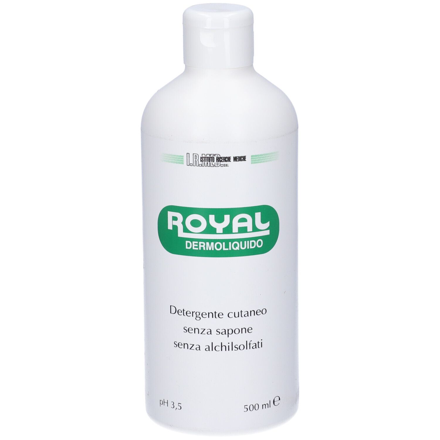 Flacone bianco con etichetta verde. Scritta: ROYAL DERMOLIQUIDO. Testo: Detergente cutaneo senza sapone senza alchilsolfati. 500 ml.
