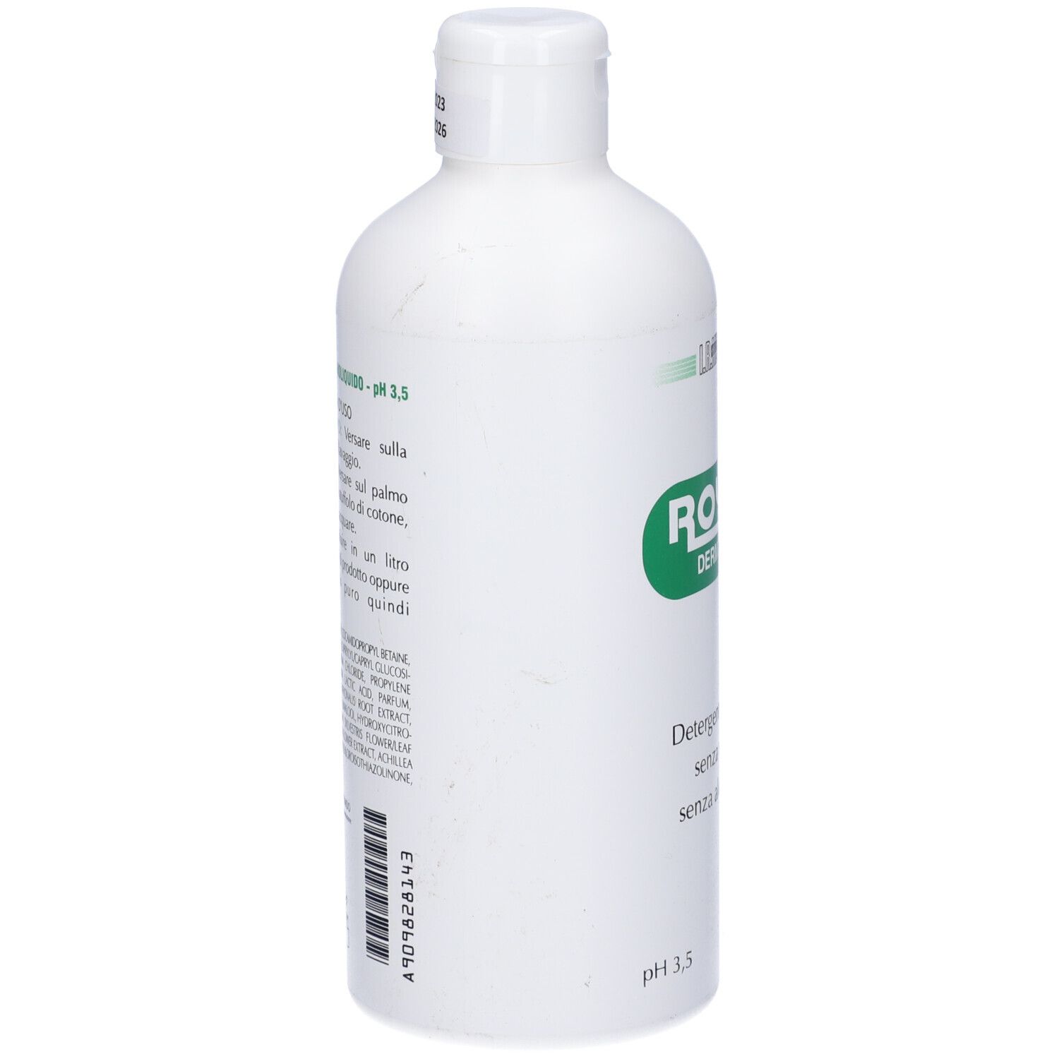 Flacone bianco, retro. Testo e codice a barre. Scritta: ROYAL DERMOLIQUIDO. pH 3.5. Ingredienti e istruzioni per l'uso.
