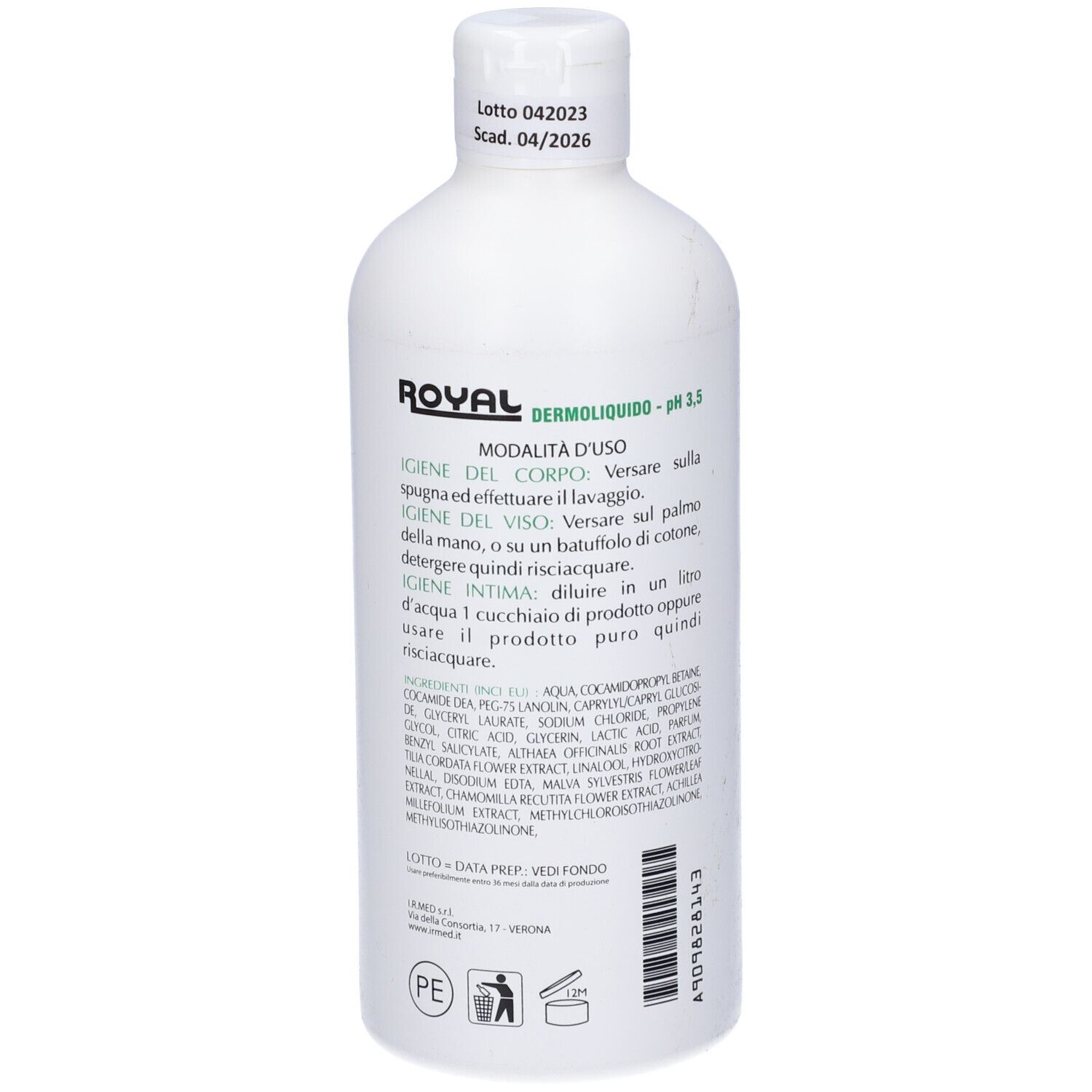 Flacone bianco, retro. Testo e codice a barre. Scritta: ROYAL DERMOLIQUIDO. pH 3.5. Ingredienti e istruzioni per l'uso.