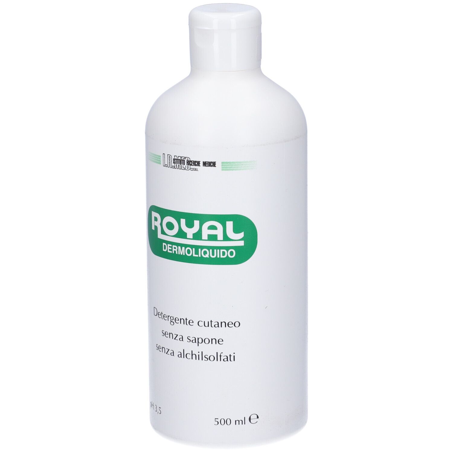 Flacone bianco con etichetta verde. Scritta: ROYAL DERMOLIQUIDO. Testo: Detergente cutaneo senza sapone senza alchilsolfati. 500 ml.
