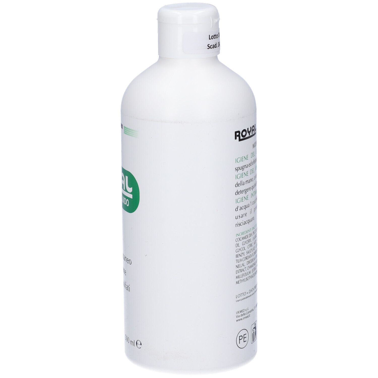 Flacone bianco, retro. Testo e codice a barre. Scritta: ROYAL DERMOLIQUIDO. pH 3.5. Ingredienti e istruzioni per l'uso.