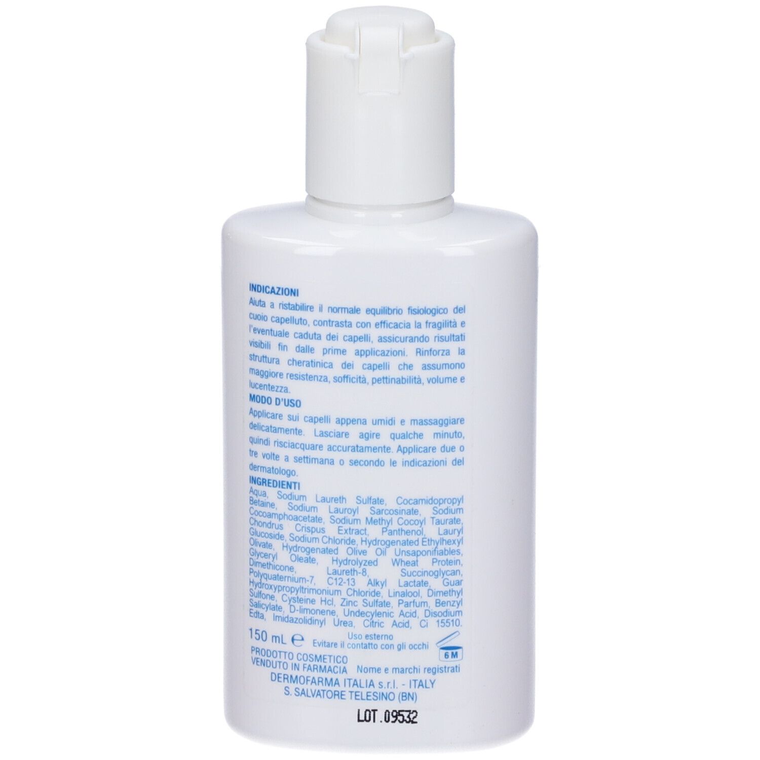 Retro del flacone di shampoo. Contiene ingredienti e istruzioni per l'uso in italiano.