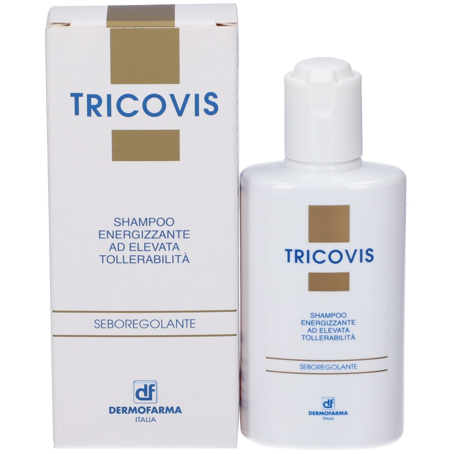 Flacone di shampoo e confezione affiancati. Entrambi mostrano "TRICOVIS" e informazioni.