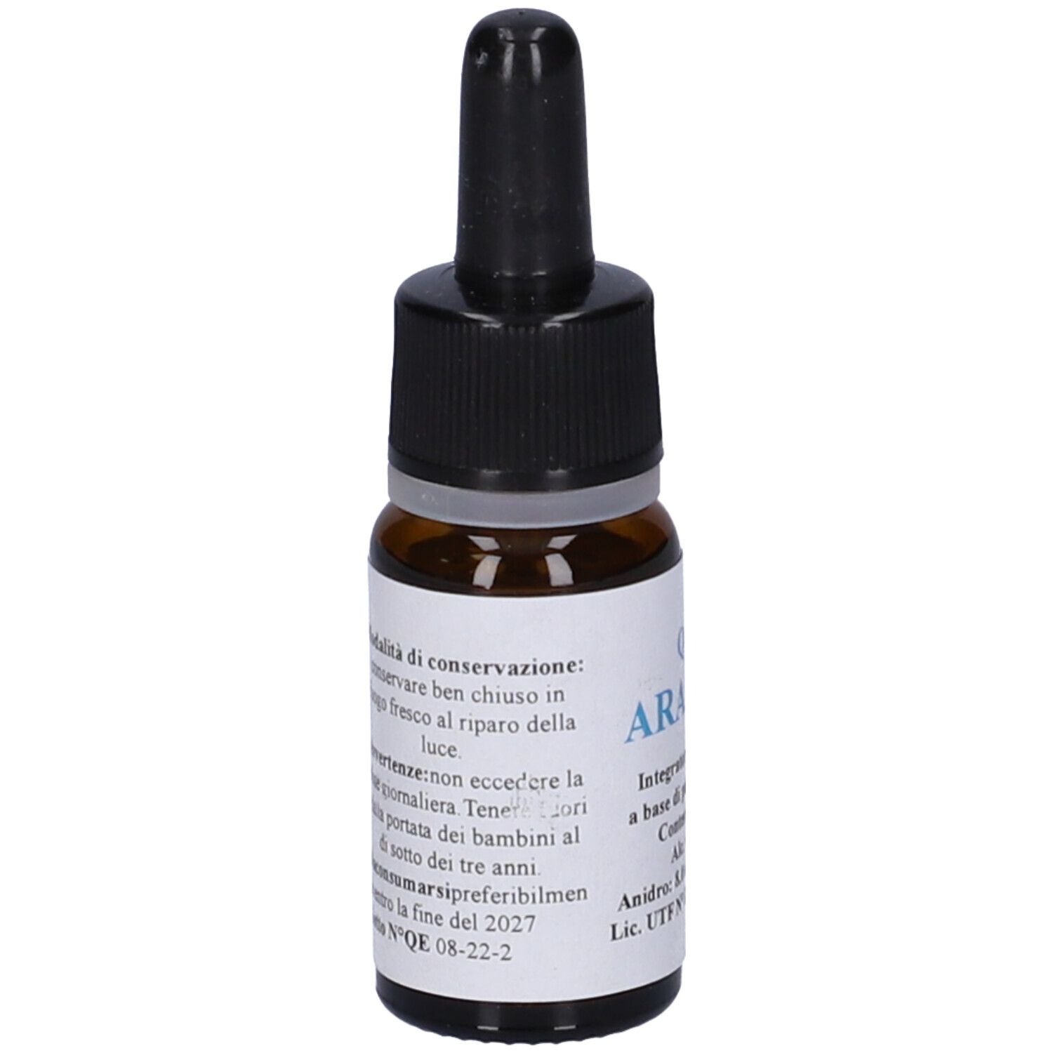 Flacone di vetro marrone con contagocce nero. Etichetta con testo: QE 2 Arancio, Integratore alimentare. 10 ml.