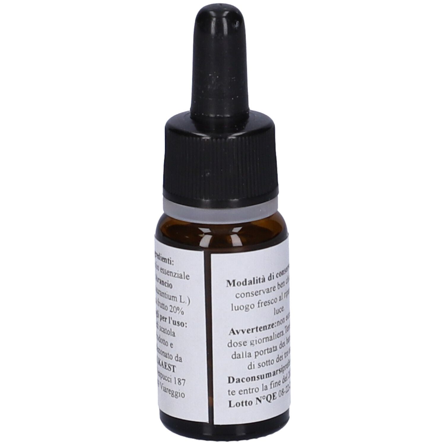Flacone di vetro marrone con contagocce nero. Etichetta con testo: QE 2 Arancio, Integratore alimentare. 10 ml.