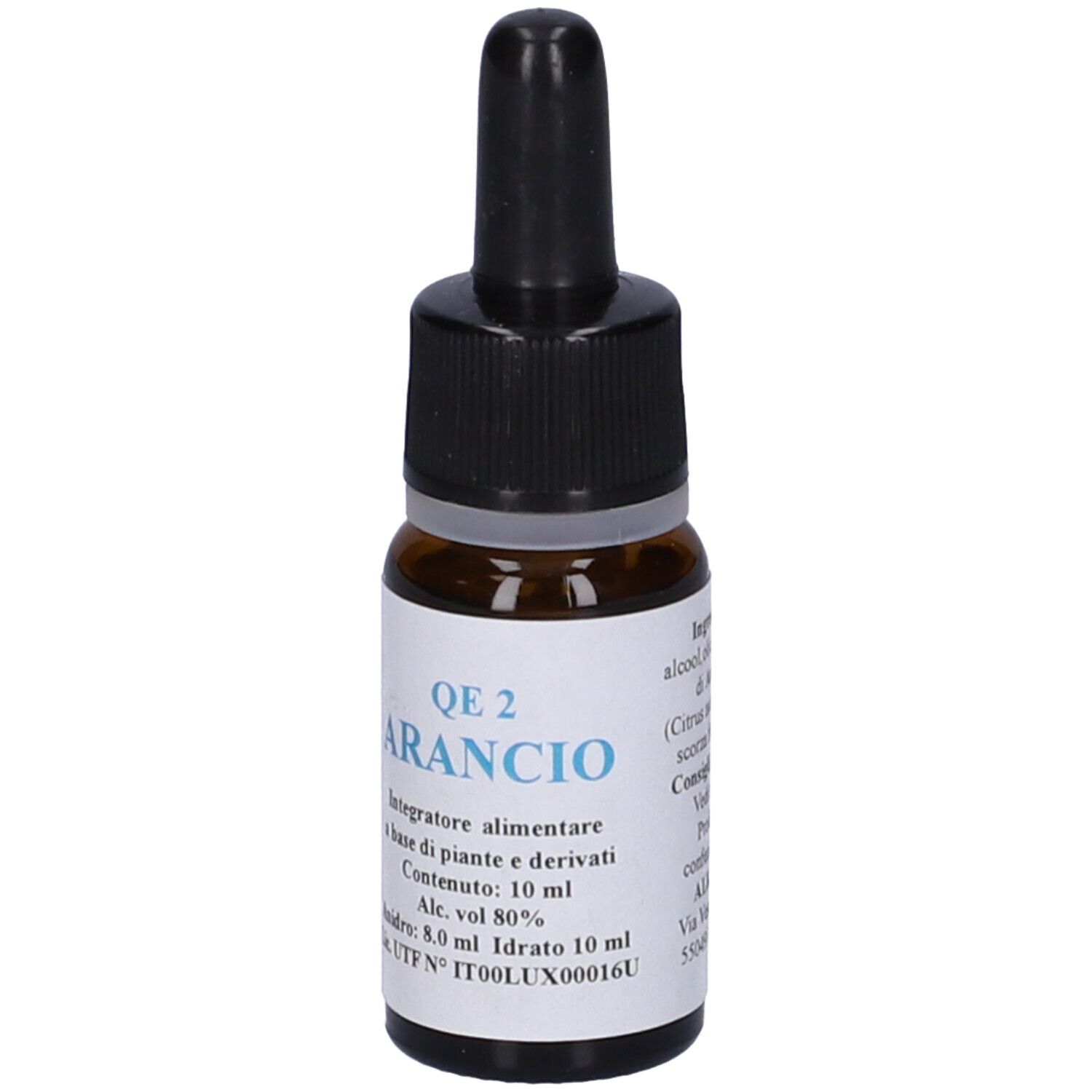 Flacone di vetro marrone con contagocce nero. Etichetta con testo: QE 2 Arancio, Integratore alimentare. 10 ml.