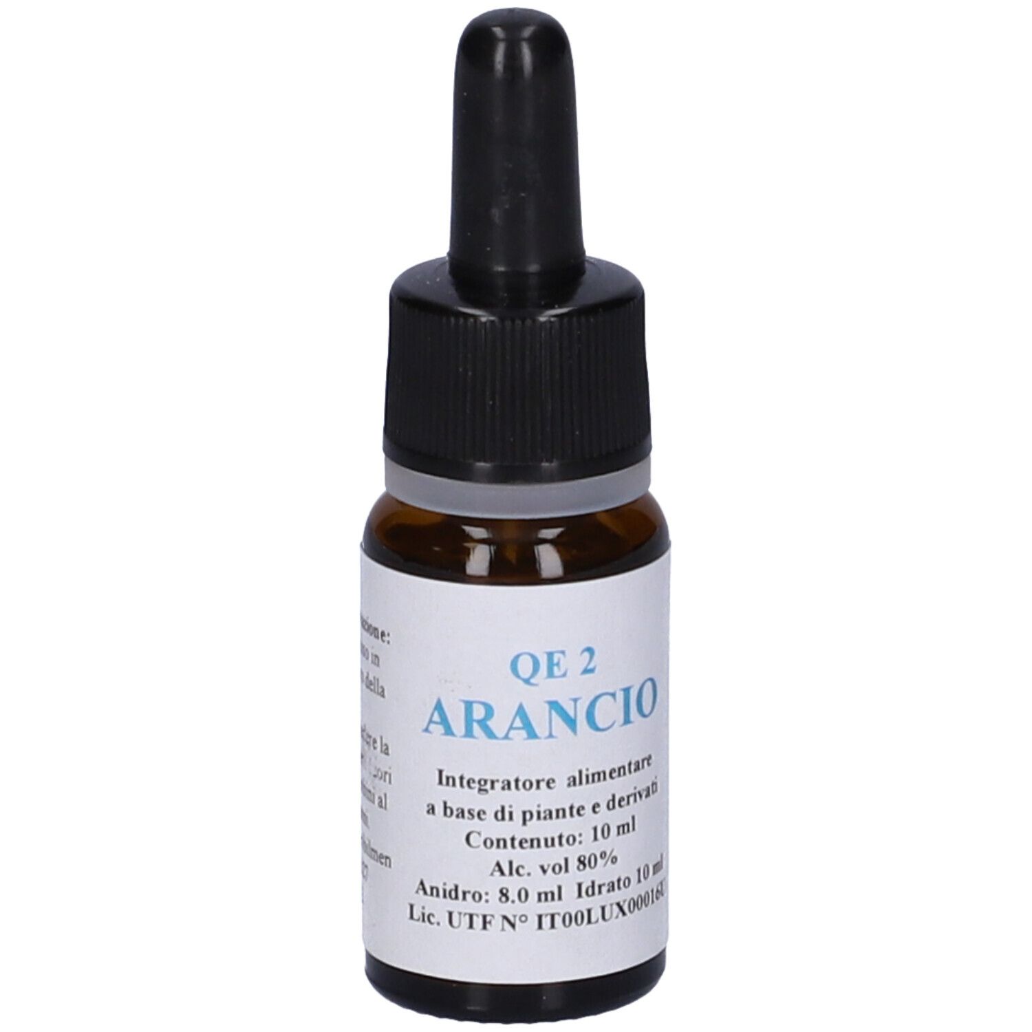 Flacone di vetro marrone con contagocce nero. Etichetta con testo: QE 2 Arancio, Integratore alimentare. 10 ml.