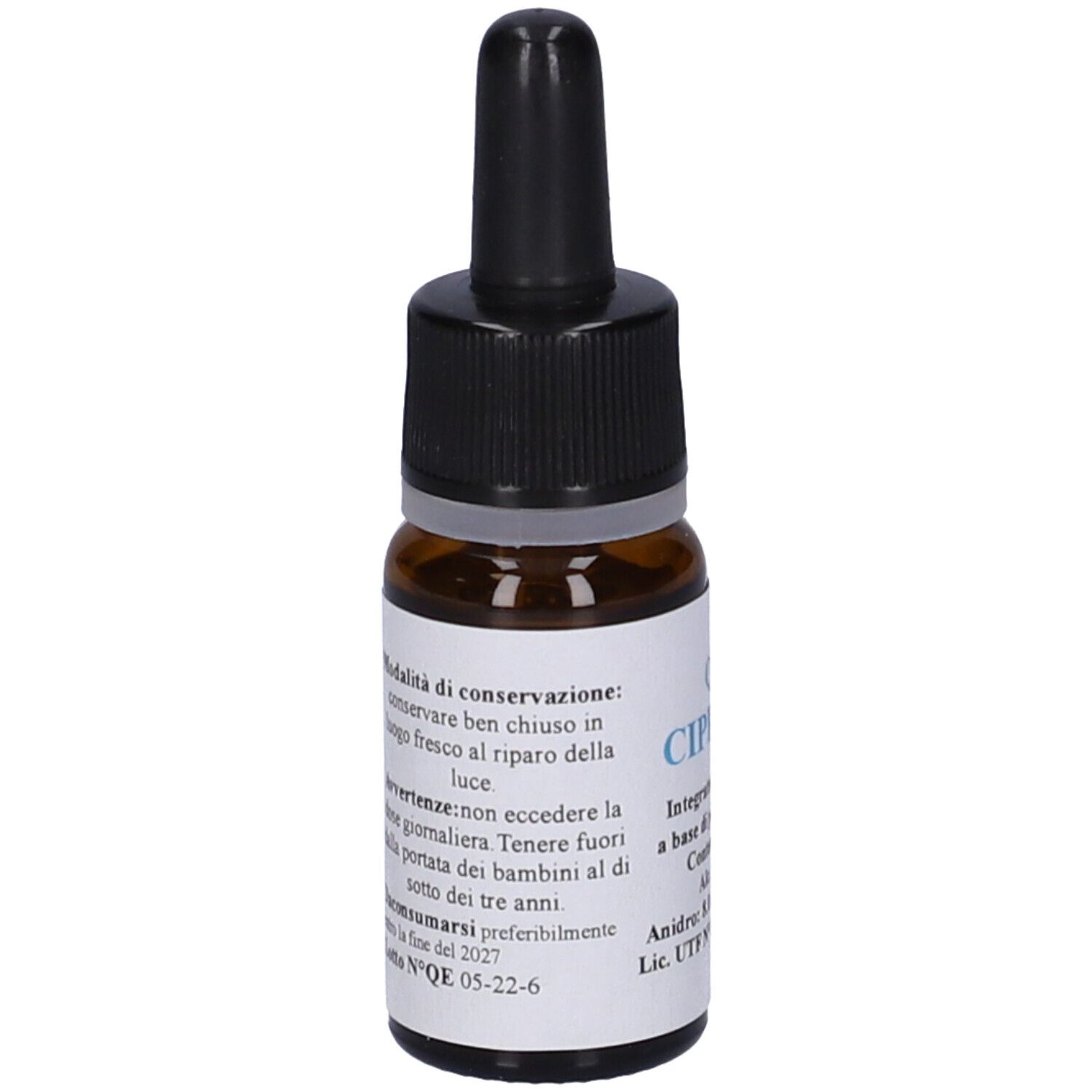 Flacone di vetro marrone con contagocce nero. Etichetta con testo: QE 6 Cipresso, 10 ml. Integratore alimentare.