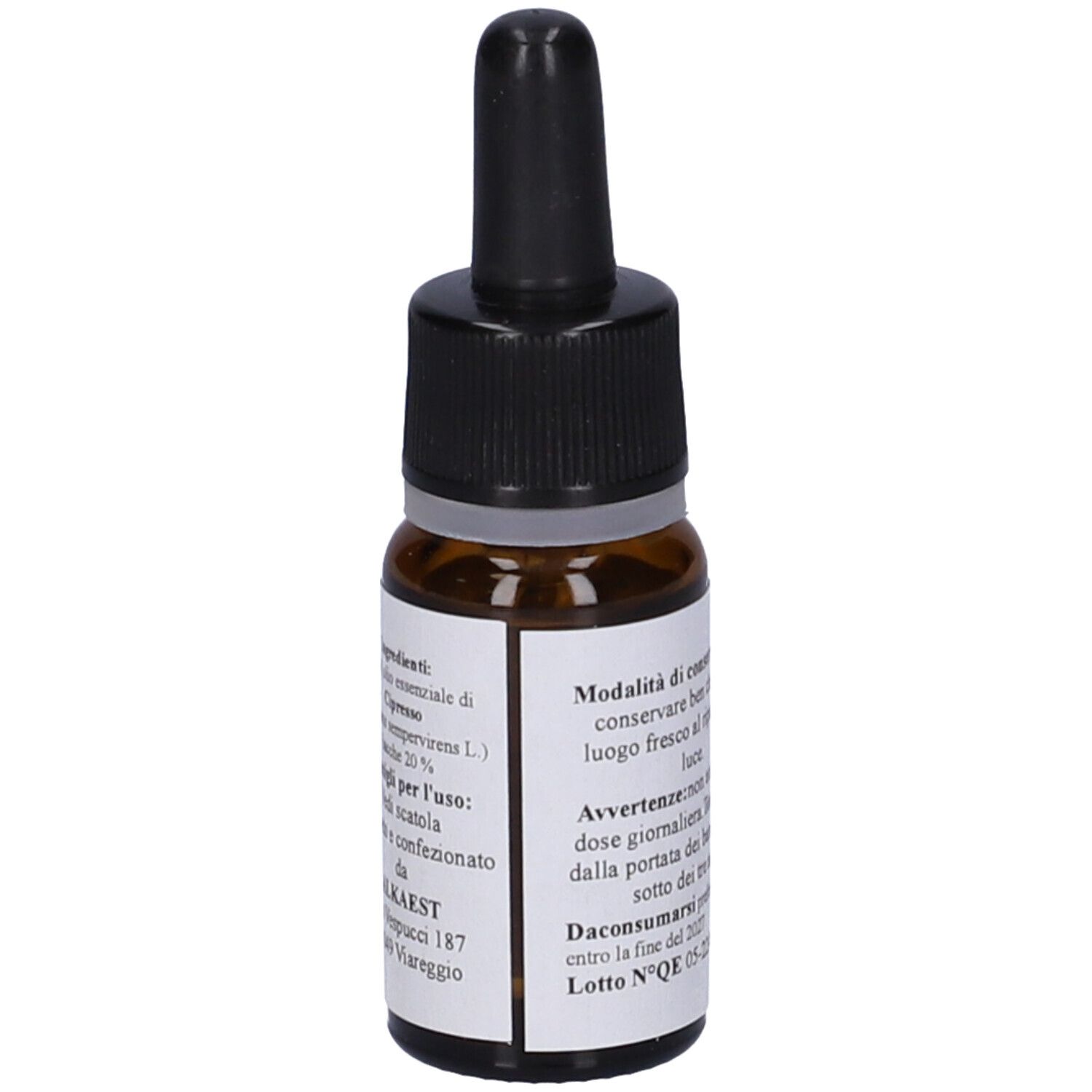 Flacone di vetro marrone con contagocce nero. Etichetta con testo: QE 6 Cipresso, 10 ml. Integratore alimentare.