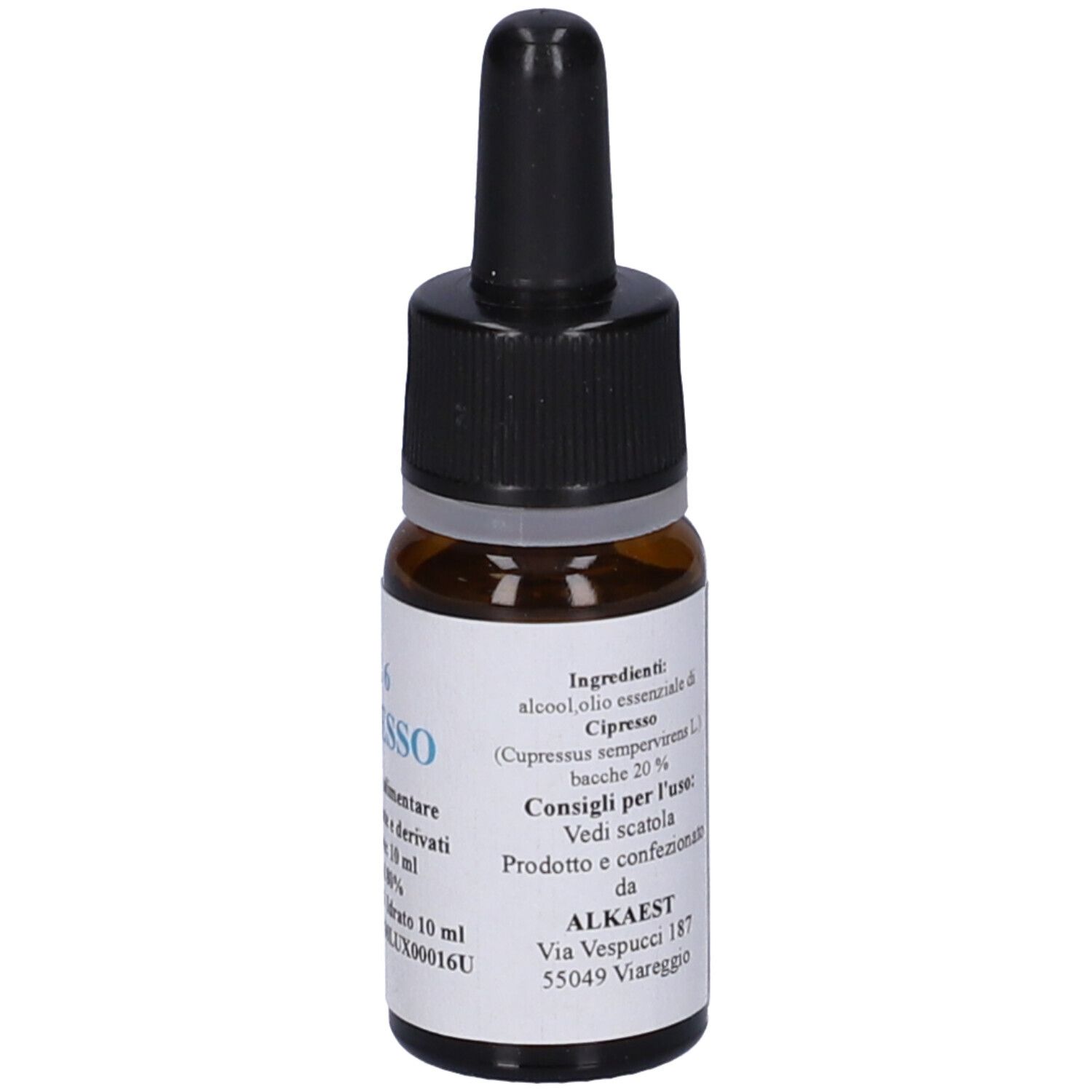 Flacone di vetro marrone con contagocce nero. Etichetta con testo: QE 6 Cipresso, 10 ml. Integratore alimentare.