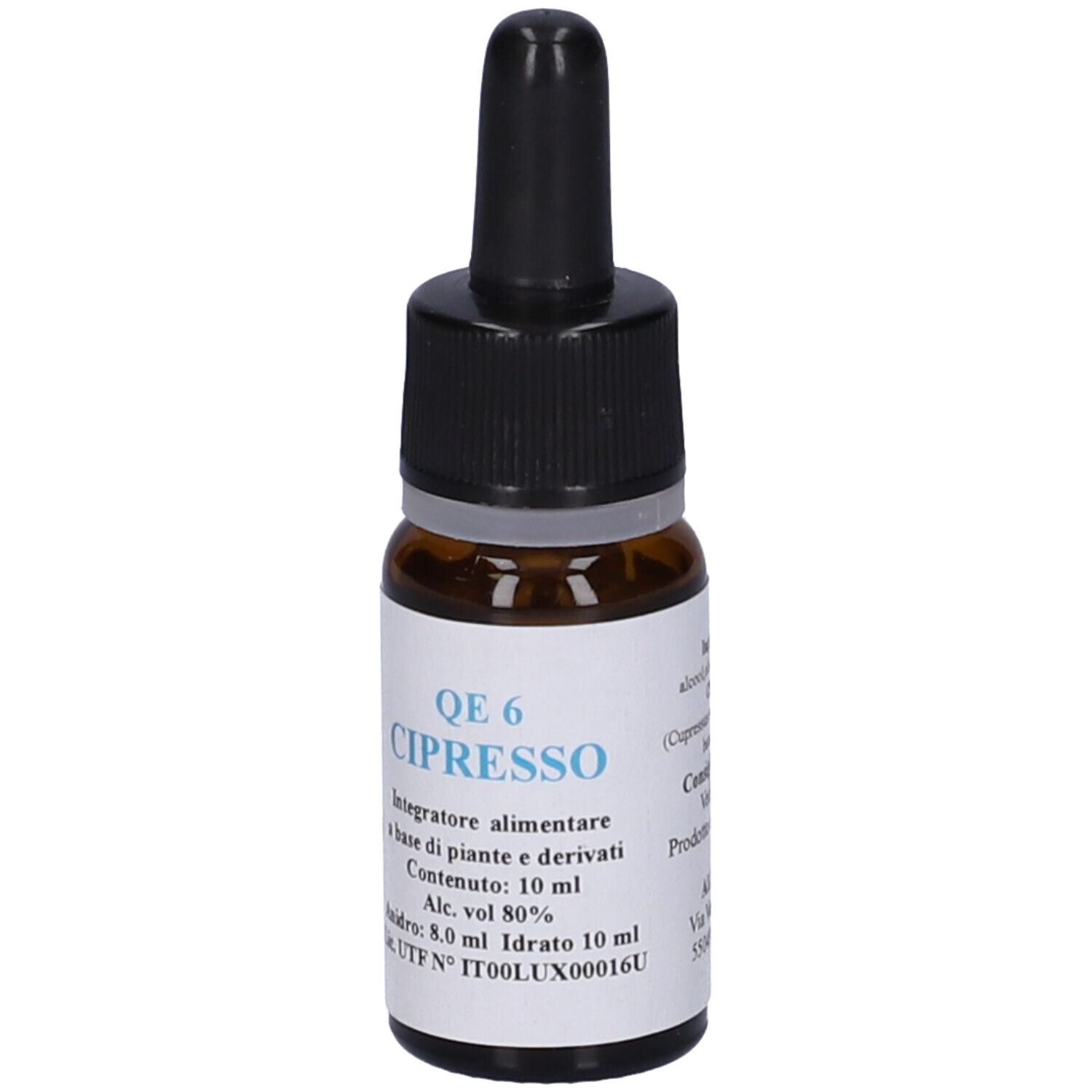 Flacone di vetro marrone con contagocce nero. Etichetta con testo: QE 6 Cipresso, 10 ml. Integratore alimentare.