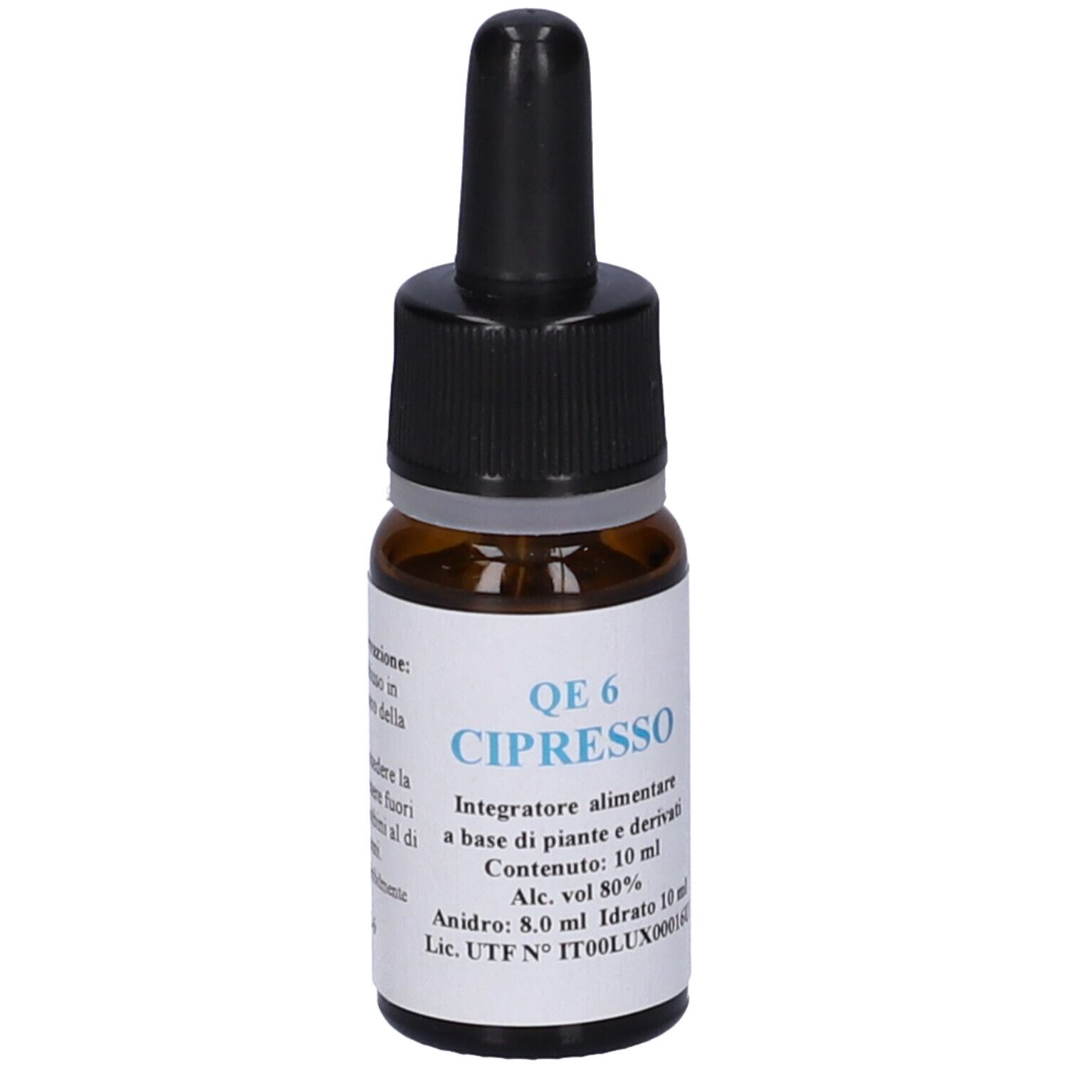 Flacone di vetro marrone con contagocce nero. Etichetta con testo: QE 6 Cipresso, 10 ml. Integratore alimentare.