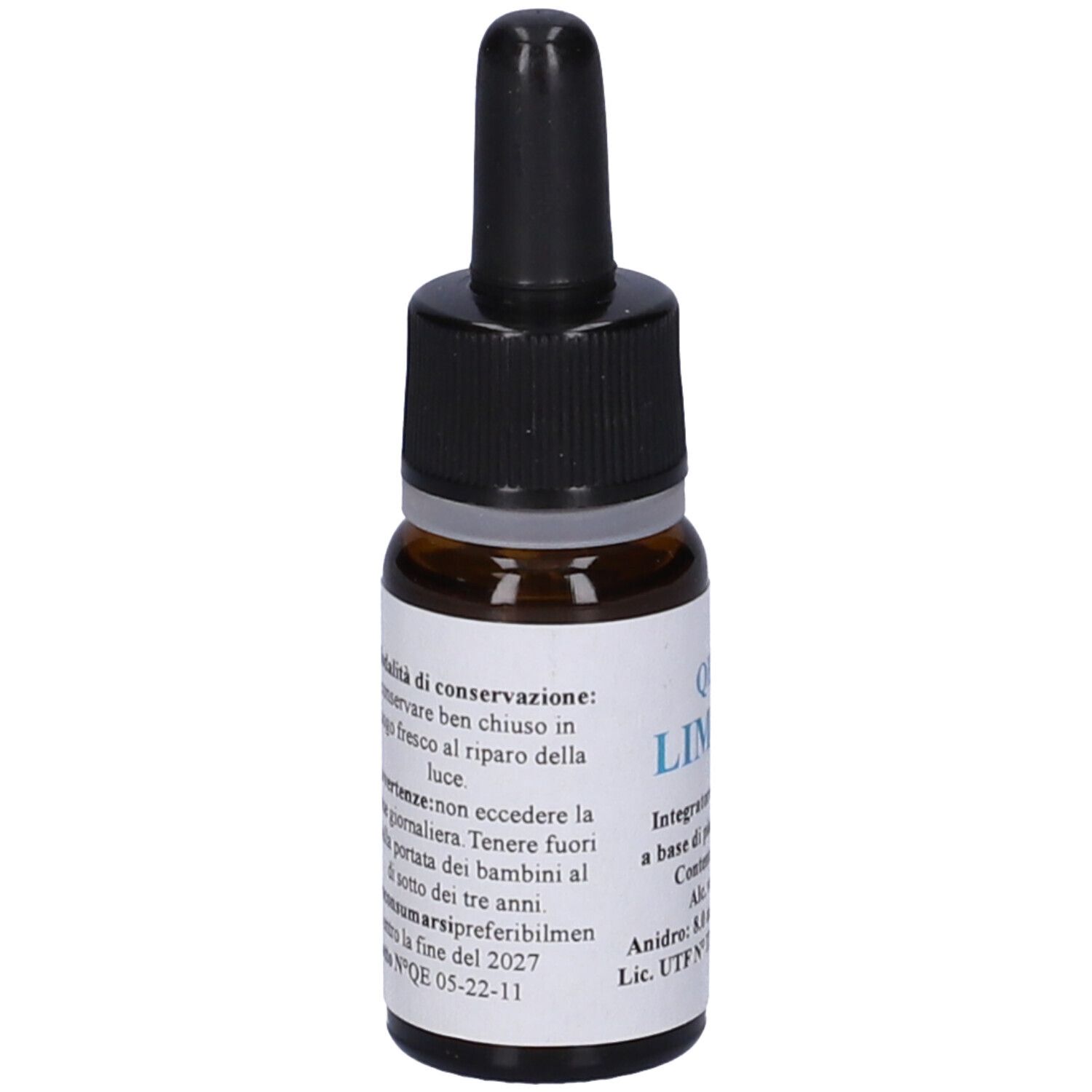 Flacone di vetro marrone con contagocce nero. Etichetta con testo e avvertenze.