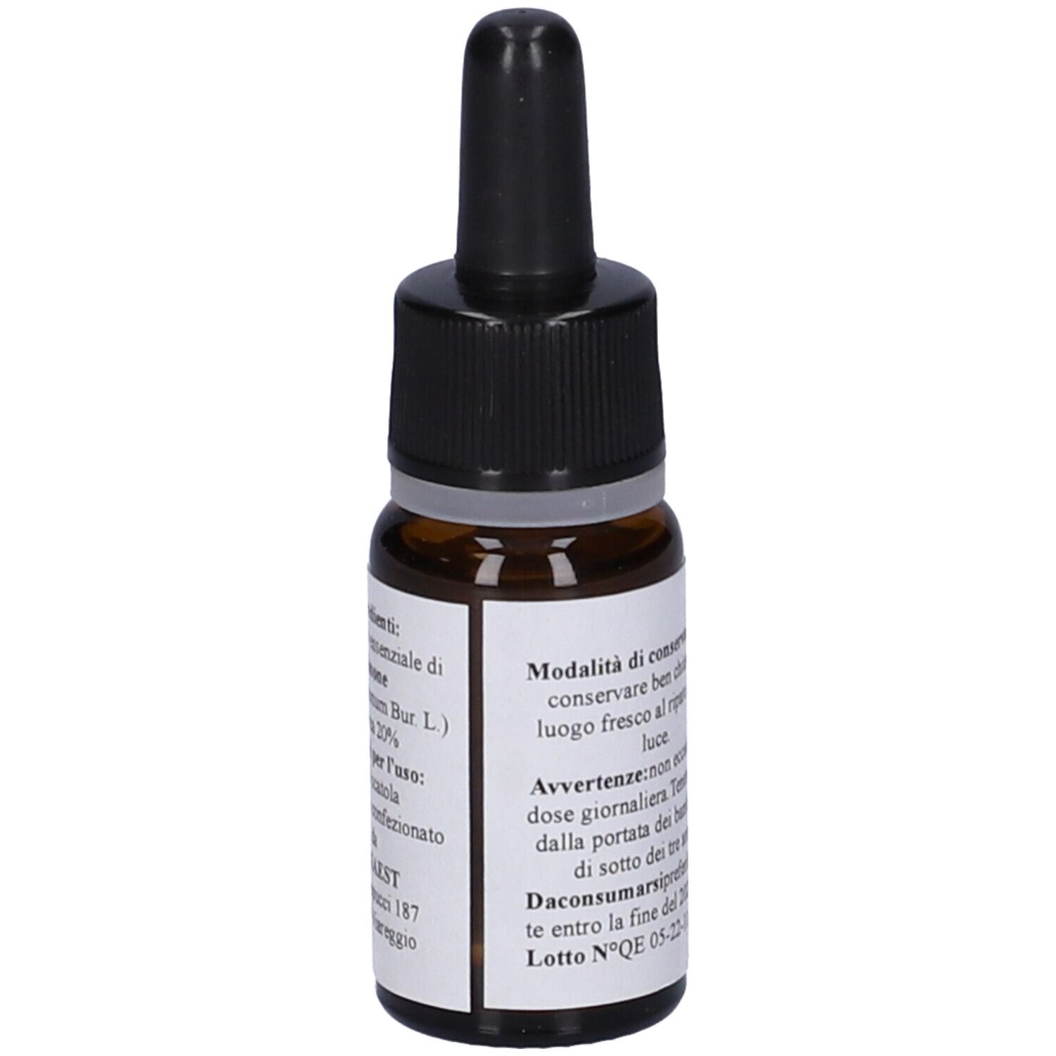 Flacone di vetro marrone con contagocce nero. Etichetta con testo e ingredienti.