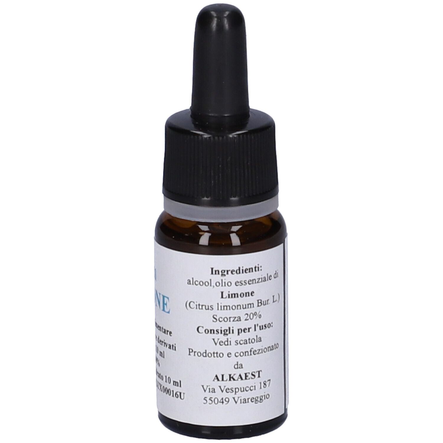 Flacone di vetro marrone con contagocce nero. Etichetta con testo e informazioni produttore.