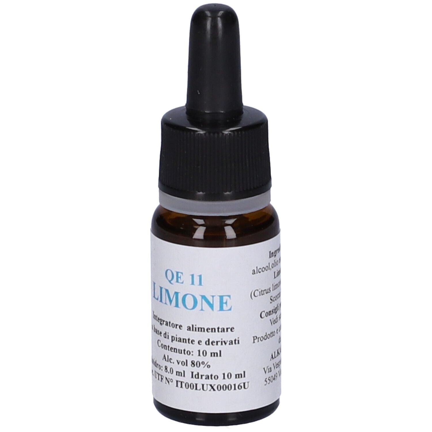 Flacone di vetro marrone con contagocce nero. Etichetta con testo: QE 11 Limone. Contenuto 10 ml.